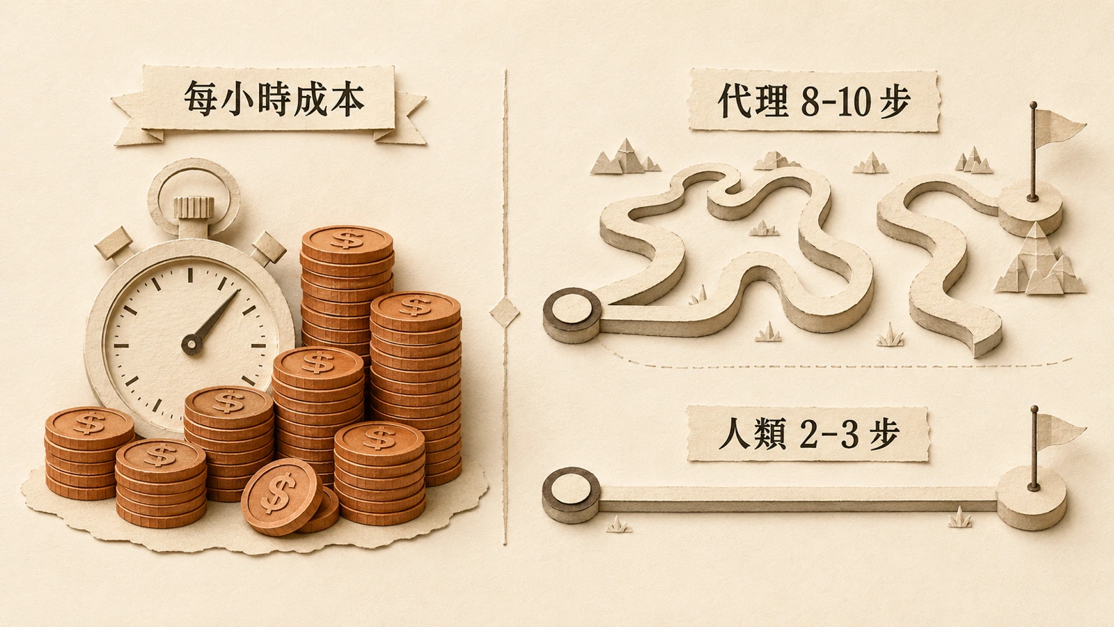 代理的步數遠多於人類，帳面時薪壓低不等於完成同一件事的總成本更低。
