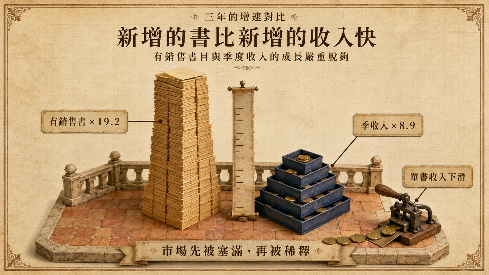 書本數量高速堆疊而收入成長平緩的對比。