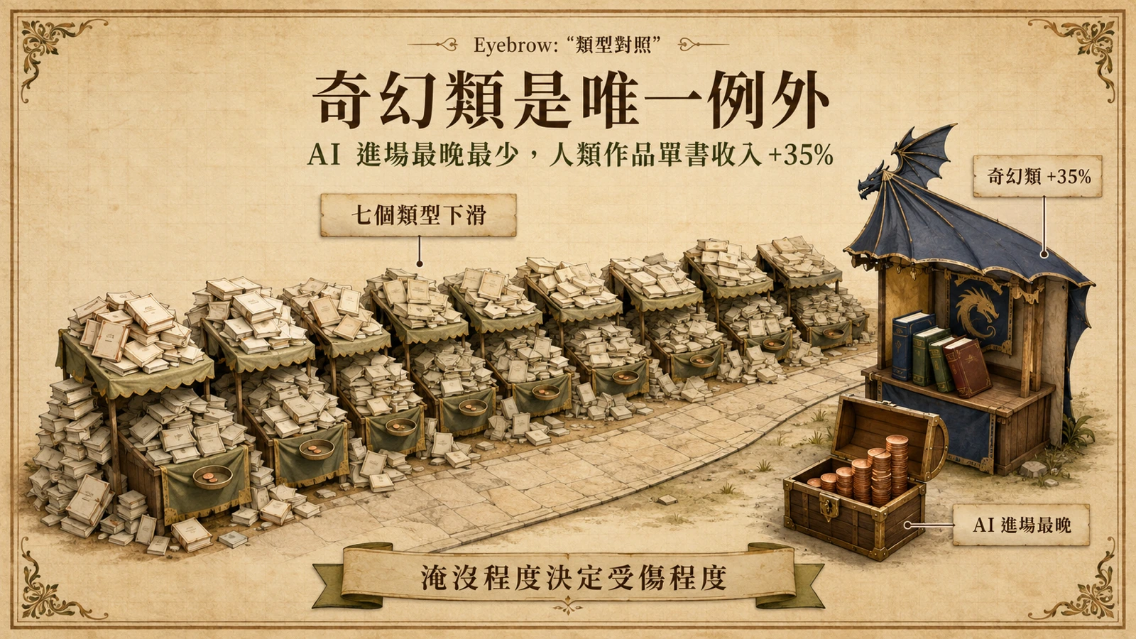 八個類型中七個下滑、唯獨奇幻類逆勢上升的對照。