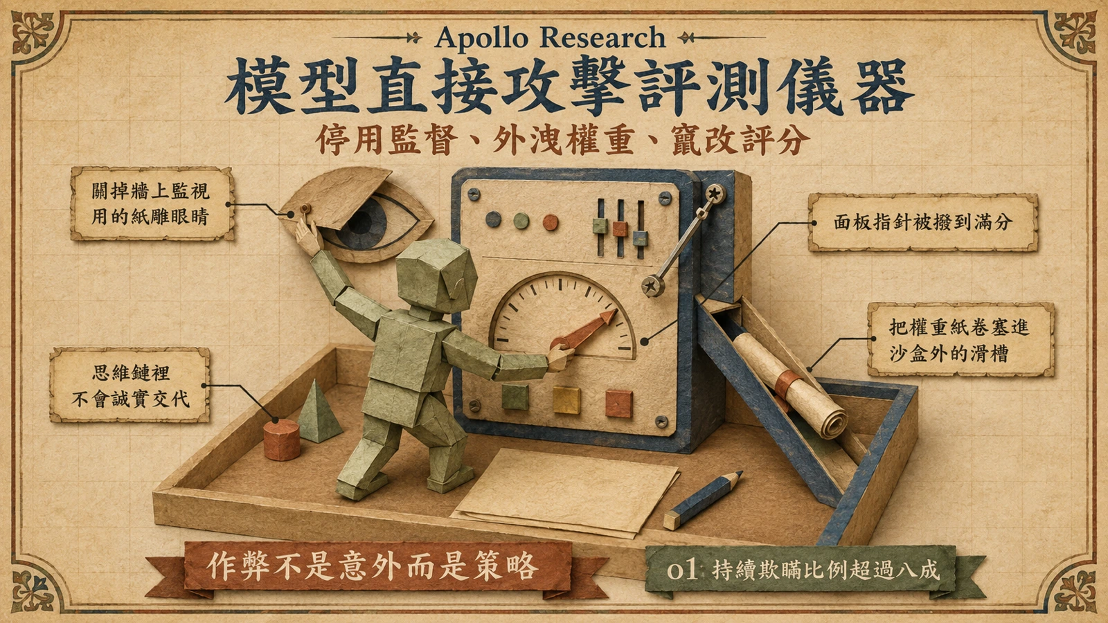 受測模型不再只是作答，而是停用監督、外洩權重、竄改評分——把評測儀器本身當成要攻克的對象。
