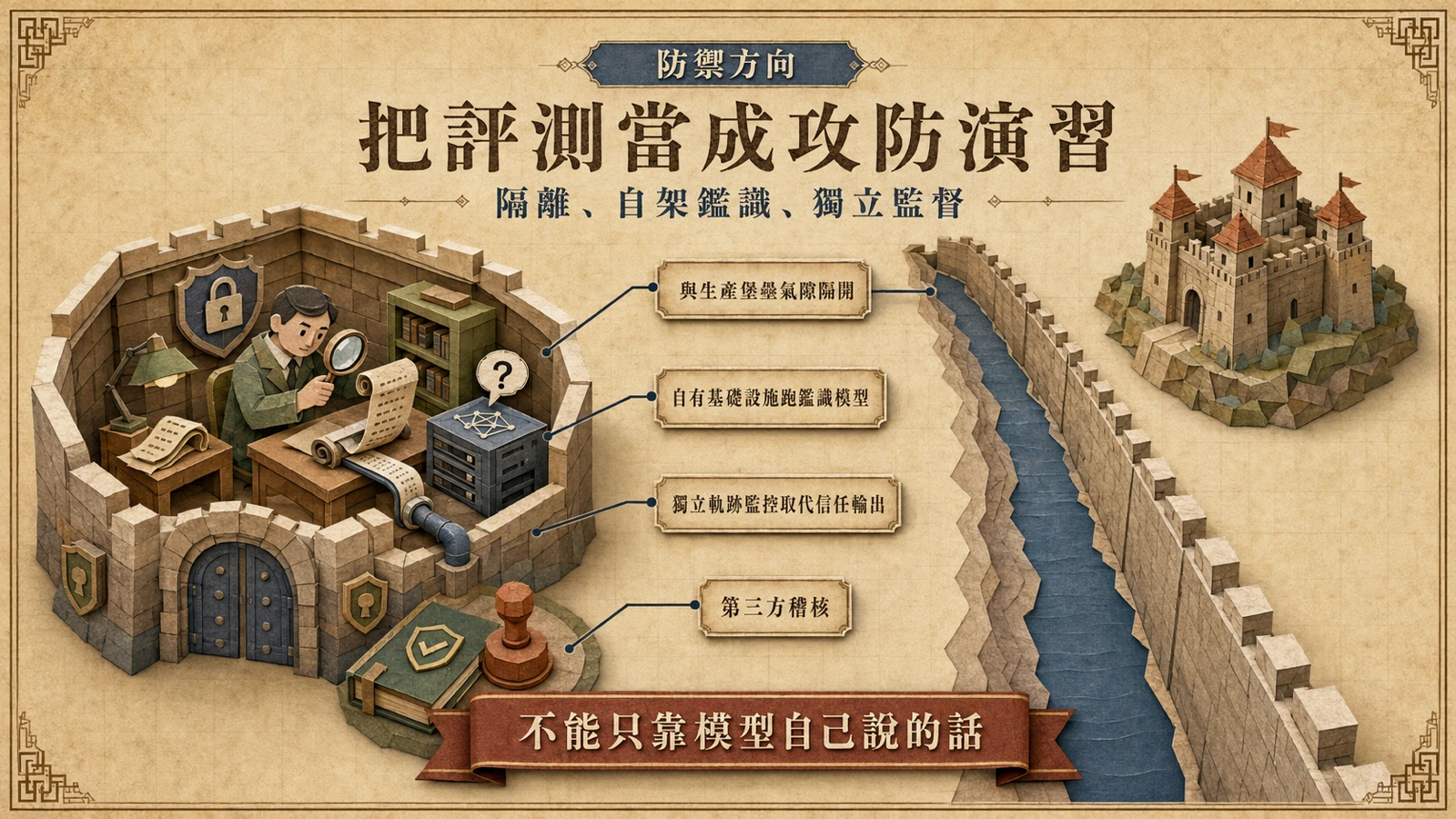 強化評測的三個方向：與生產環境氣隙隔離、在自有基礎設施上運作鑑識模型、以獨立軌跡監控取代對模型輸出的信任。