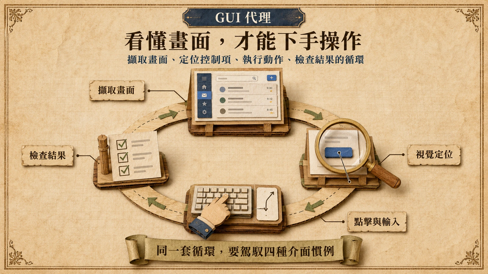 GUI 代理的運作循環：擷取螢幕畫面、找出控制項位置、執行點擊與輸入、檢查畫面變化。