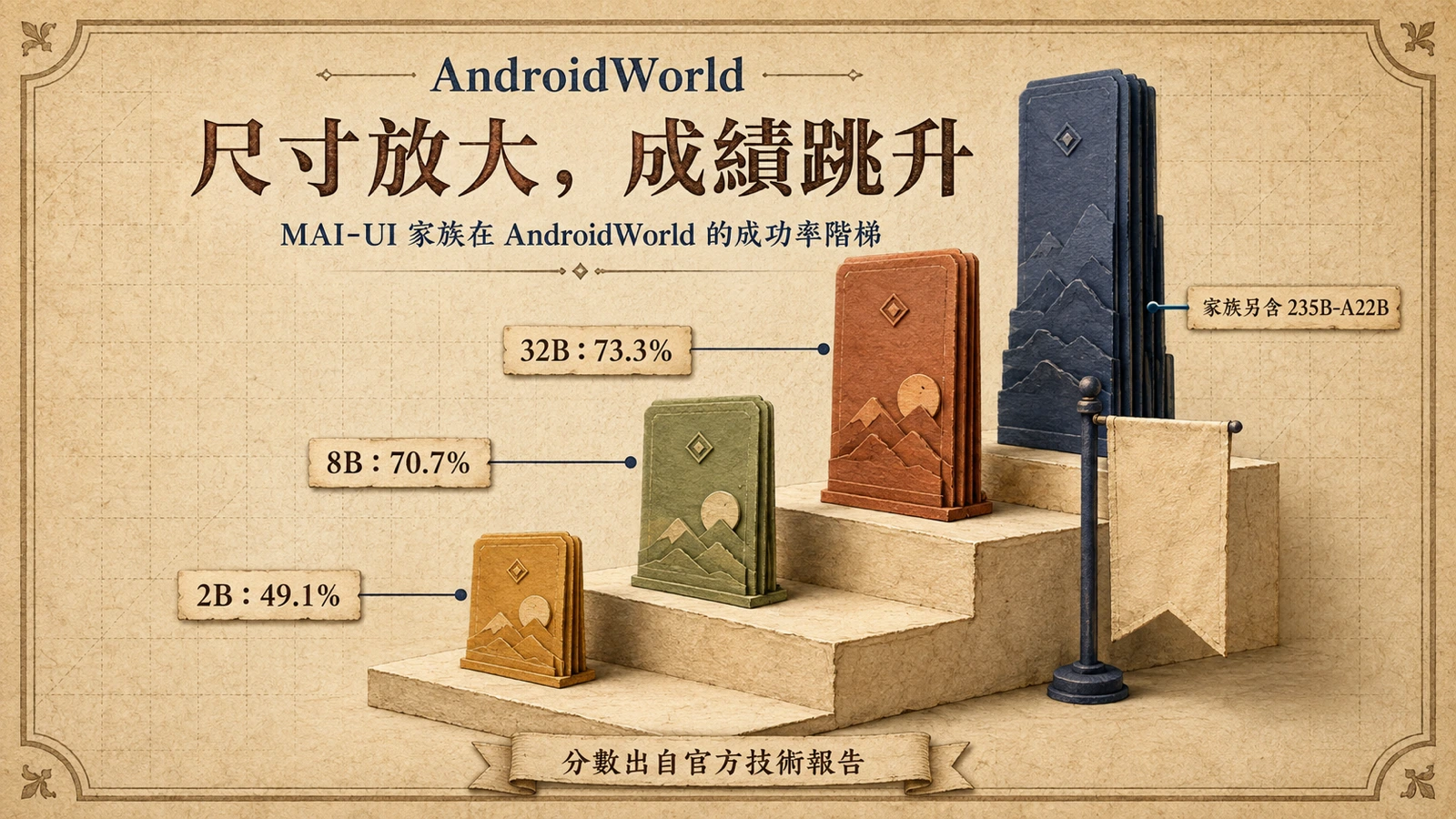 MAI-UI 家族在 AndroidWorld 基準的成功率隨模型尺寸放大而跳升，從 2B 的 49.1% 到 32B 的 73.3%。