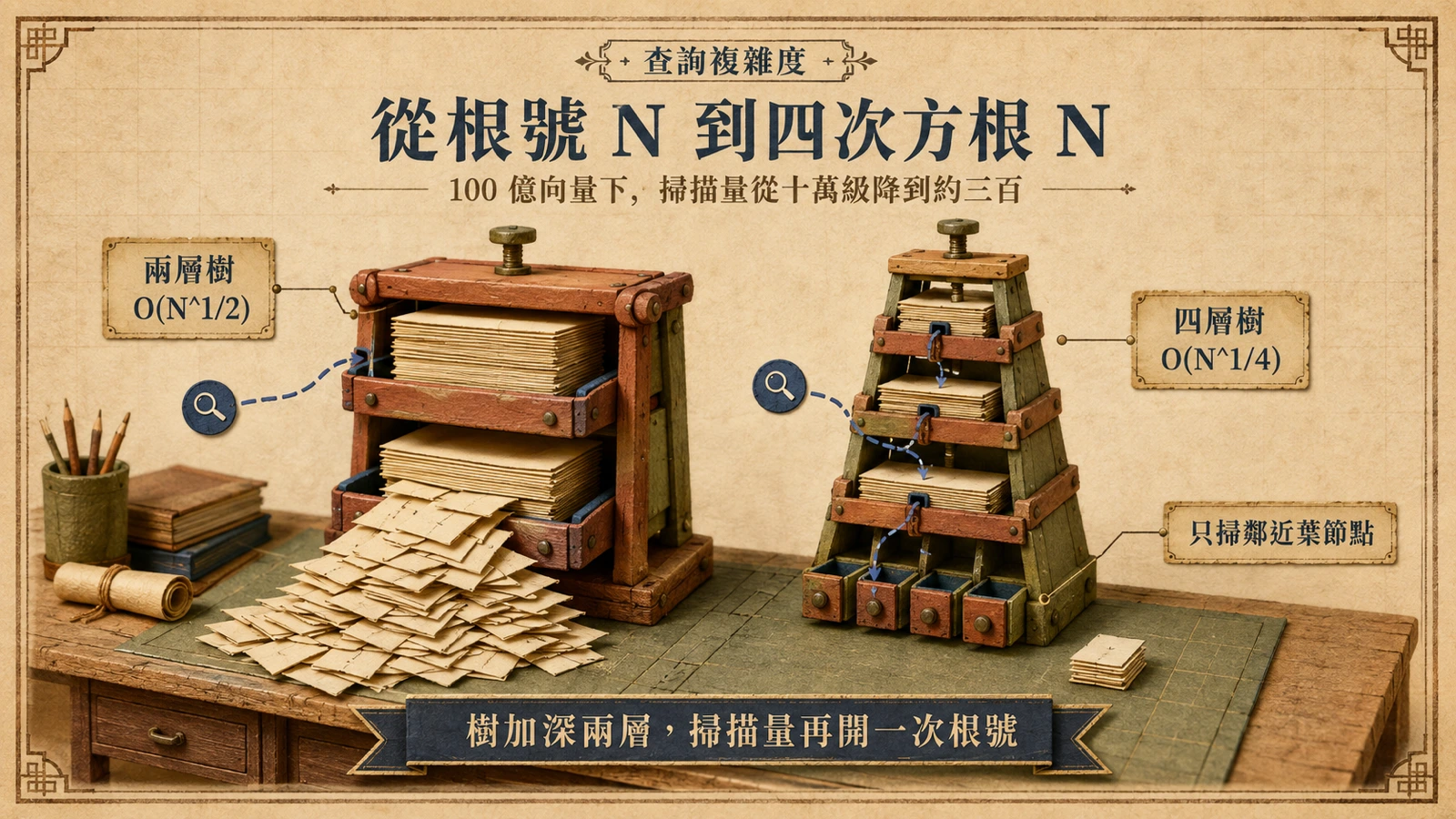 兩層樹與四層樹的對照：樹的層數加倍後，單筆查詢需要掃描的向量量級從 N 的平方根降到 N 的四次方根。