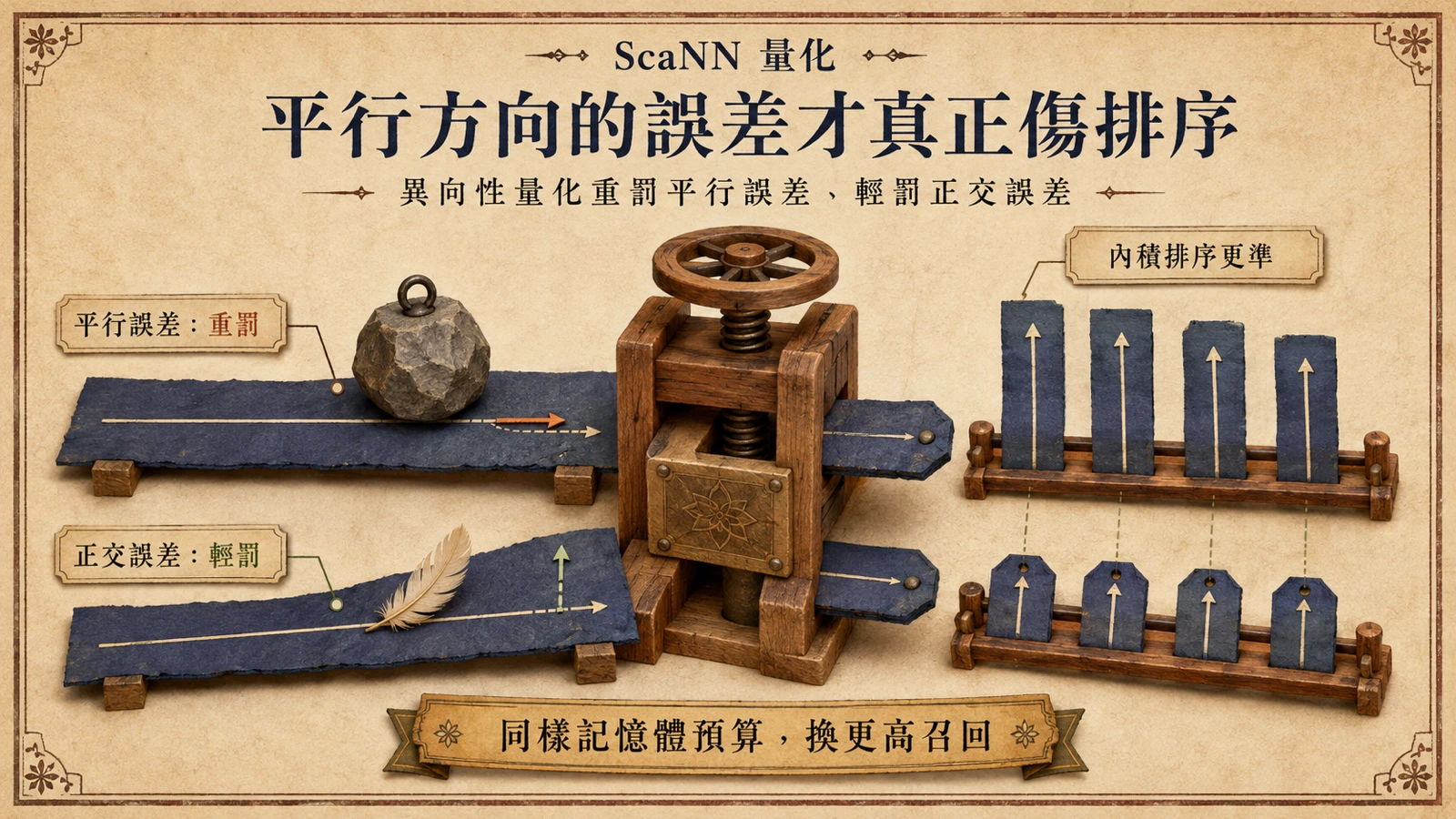 異向性量化的示意：平行於原向量的誤差被加重懲罰，正交方向的誤差懲罰較輕，以保住內積排序的準確度。