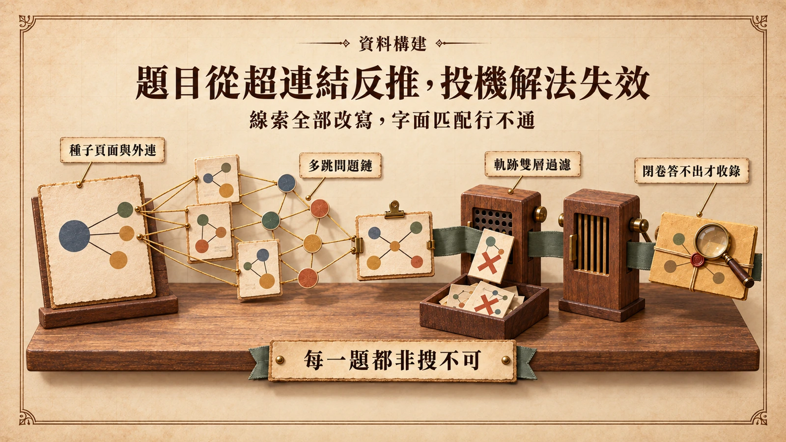 問題卡由互相連結的網頁拼裝而成,經過兩道過濾閘門,能靠字面匹配答出的題目被擋下,只剩閉卷答不出、需要實際搜尋的題目被收錄。