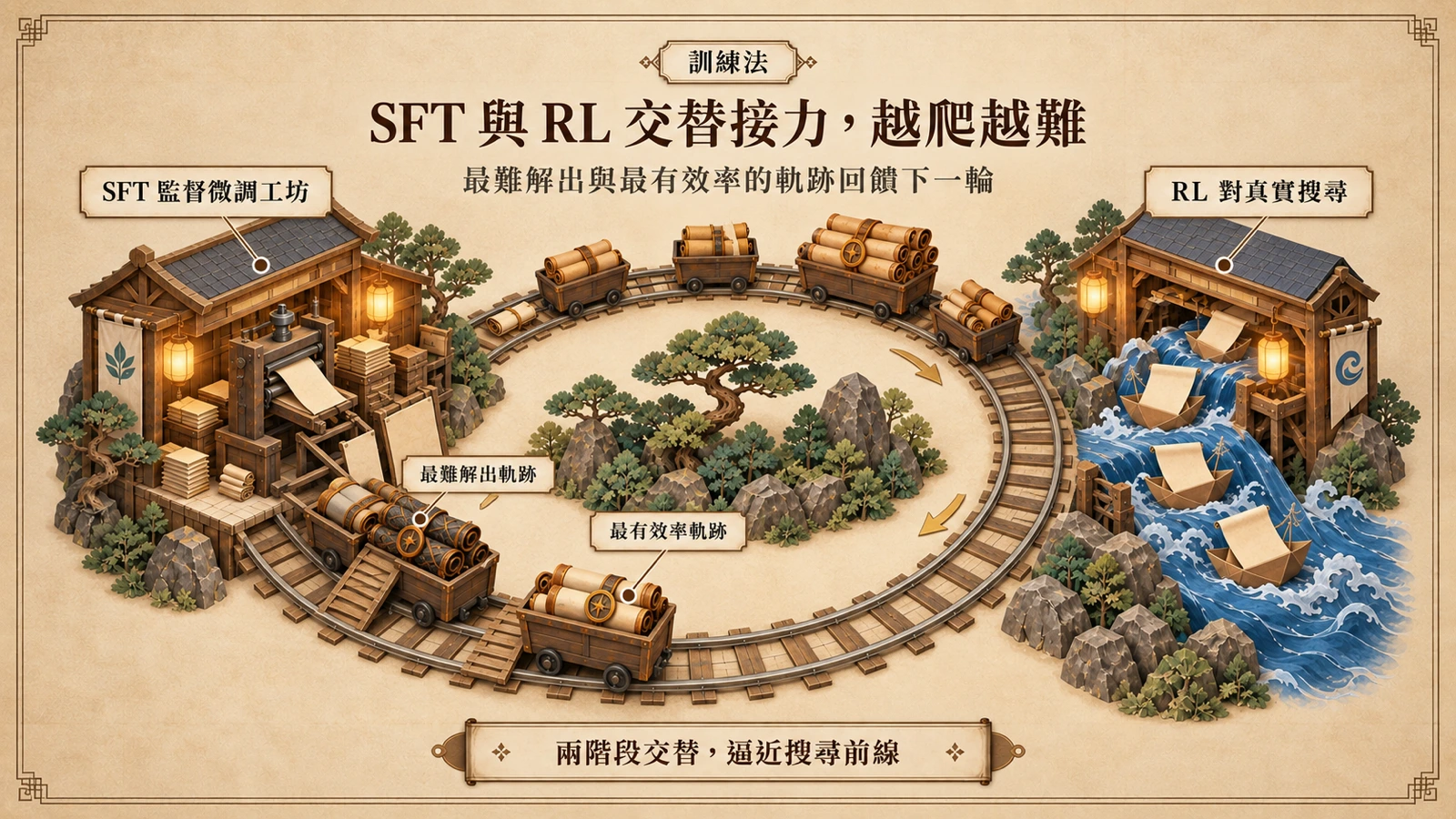 SFT 站與 RL 站由環形軌道相連,軌道上的貨車載著搜尋軌跡往返,最難解出與最有效率的軌跡被送回 SFT 站成為下一輪教材。