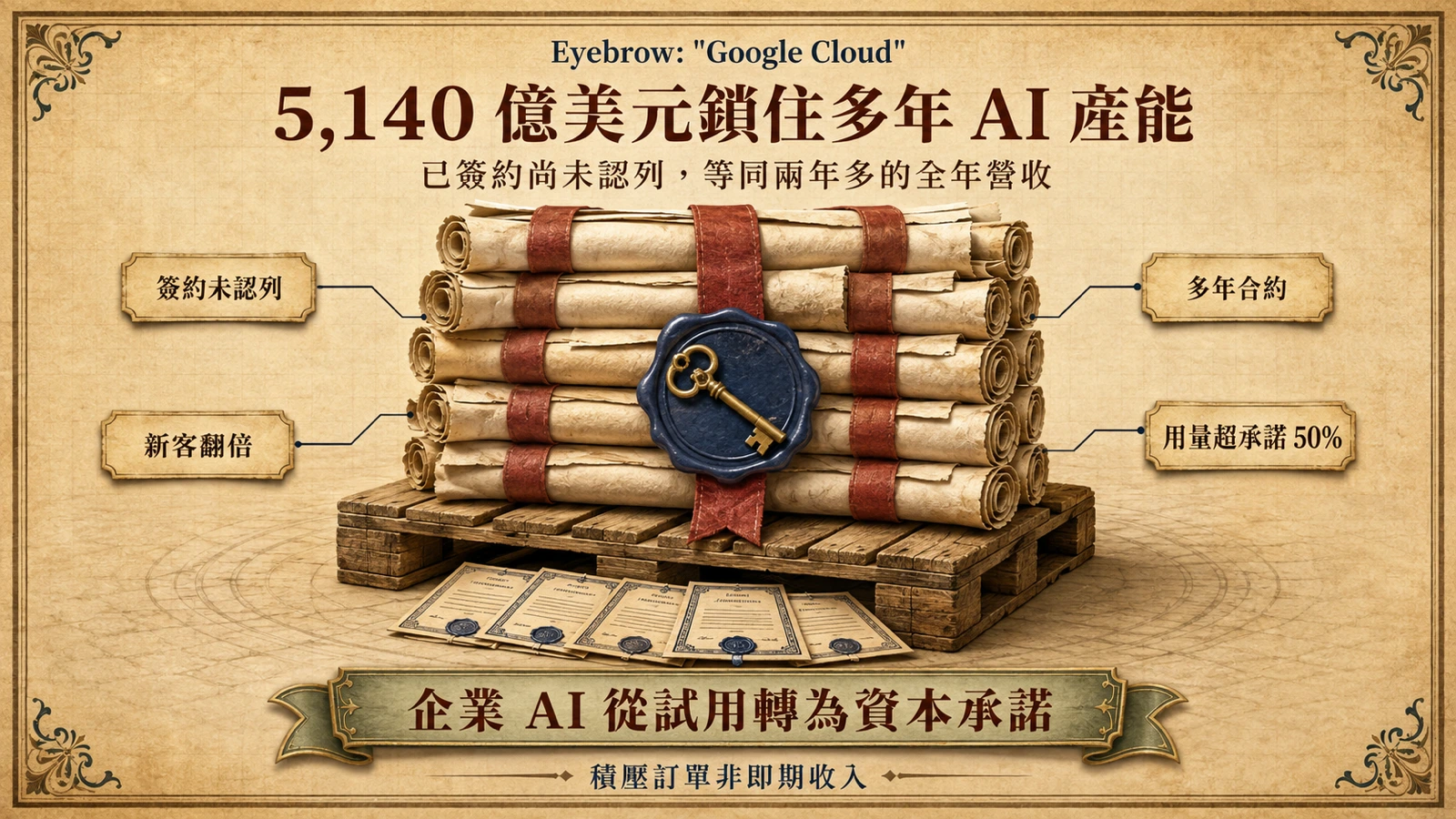Alphabet 已簽署大量多年期合約，但相關收入尚未認列，形成龐大的積壓訂單。