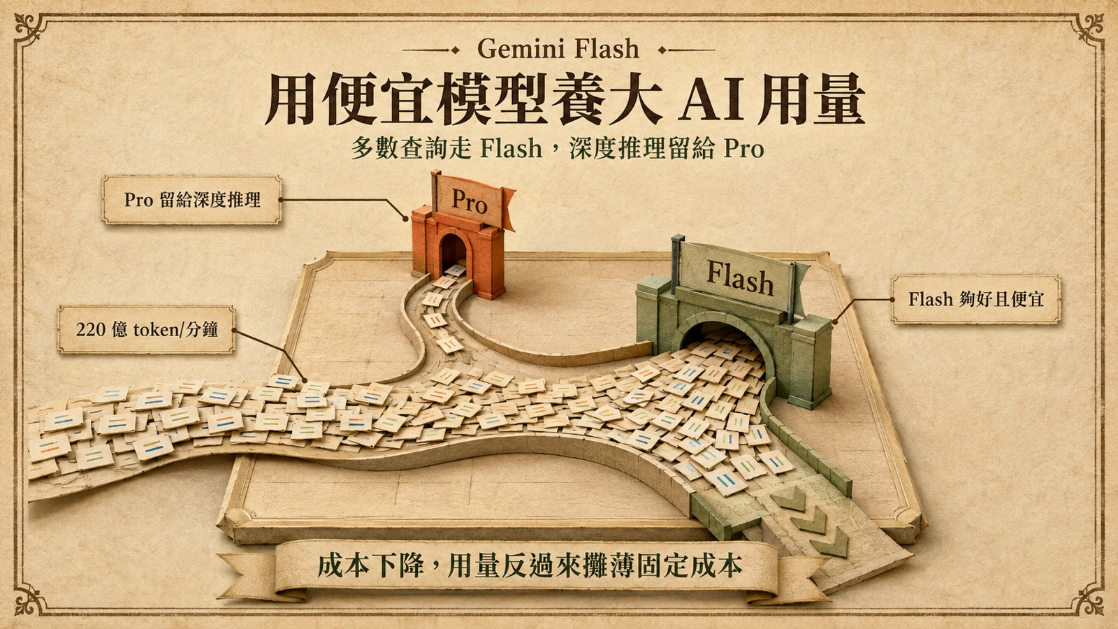 大多數 Gemini 請求由 Flash 處理，只有少數高難度任務送往 Pro。