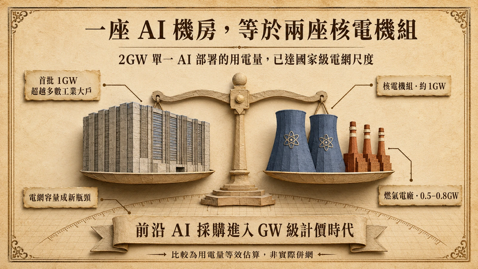 2GW 的 AI 算力用電，約等於兩座核電機組或三座大型燃氣電廠。