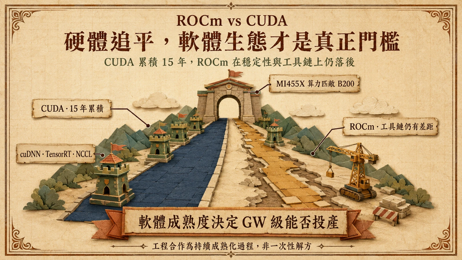 CUDA 已累積成熟完整的軟體生態，ROCm 的工具鏈與生產穩定性仍在追趕。