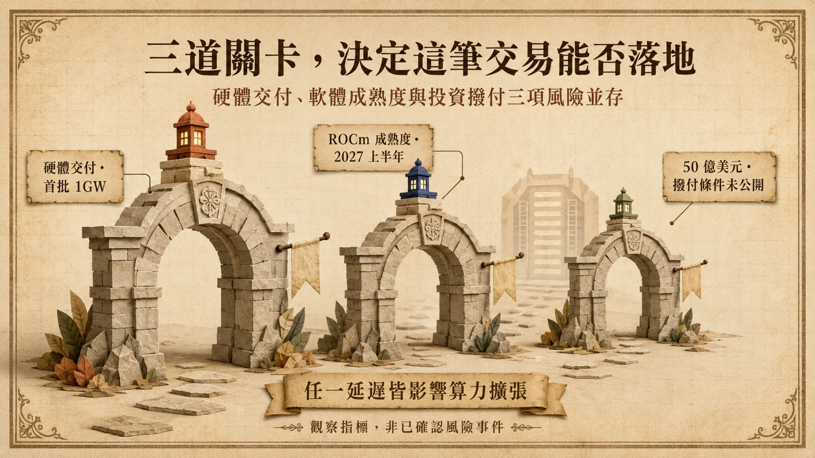 首批 1GW 投產、ROCm 成熟度與 50 億美元投資撥付，是交易落地的三項關鍵風險。