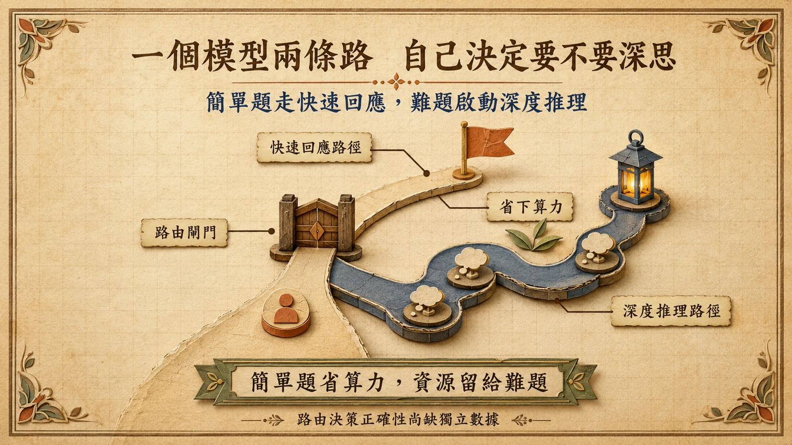 同一個輸入經路由後分成快速回答與深度推理兩條路徑。