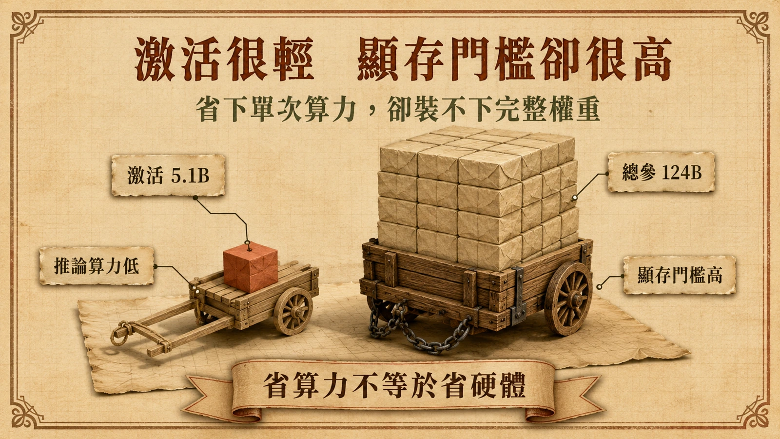 單次推理只啟用 51 億參數，但部署時仍需容納完整 1,240 億參數。
