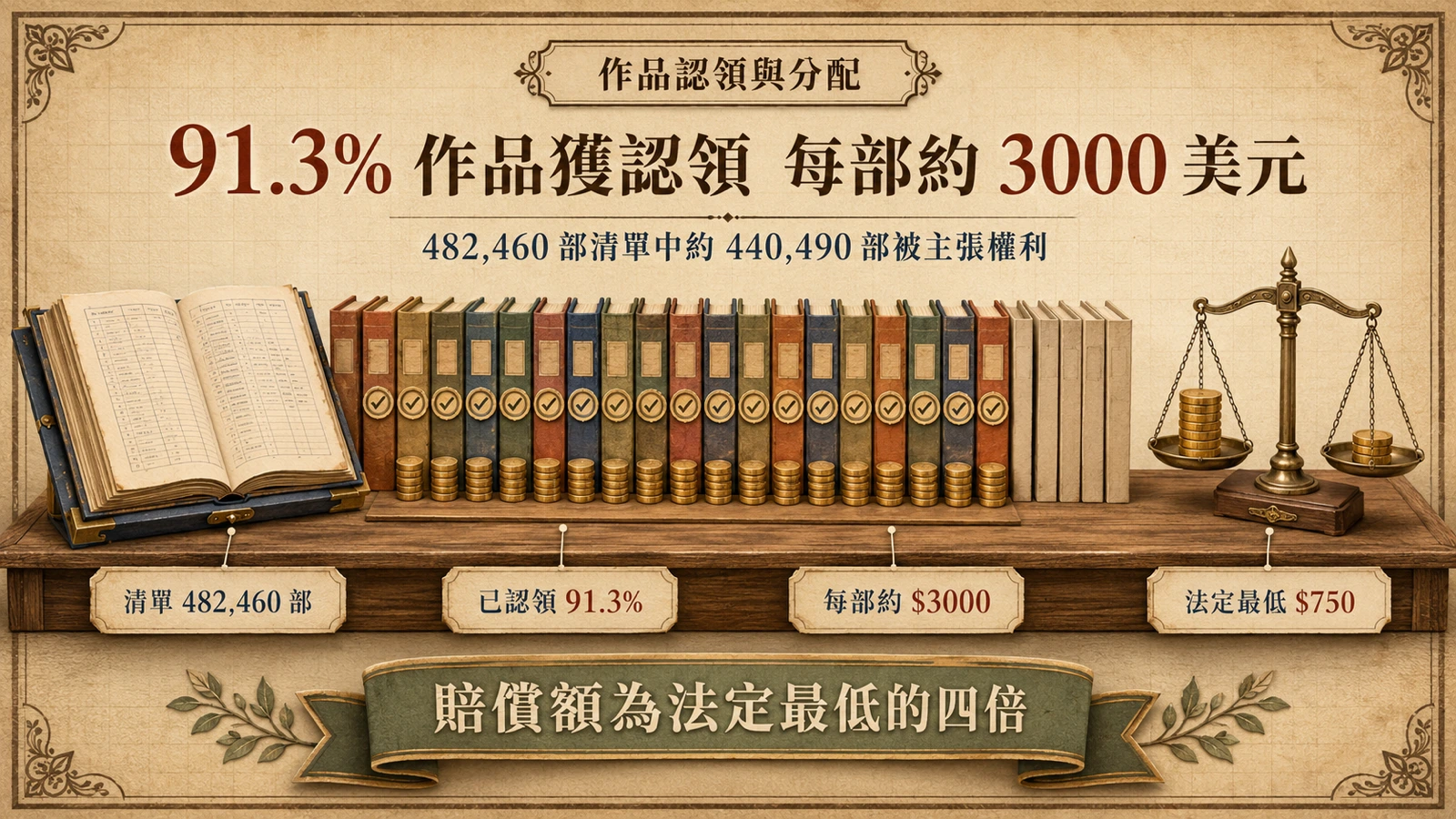 約九成符合資格的作品已被認領，賠償金額並與法定最低標準比較。
