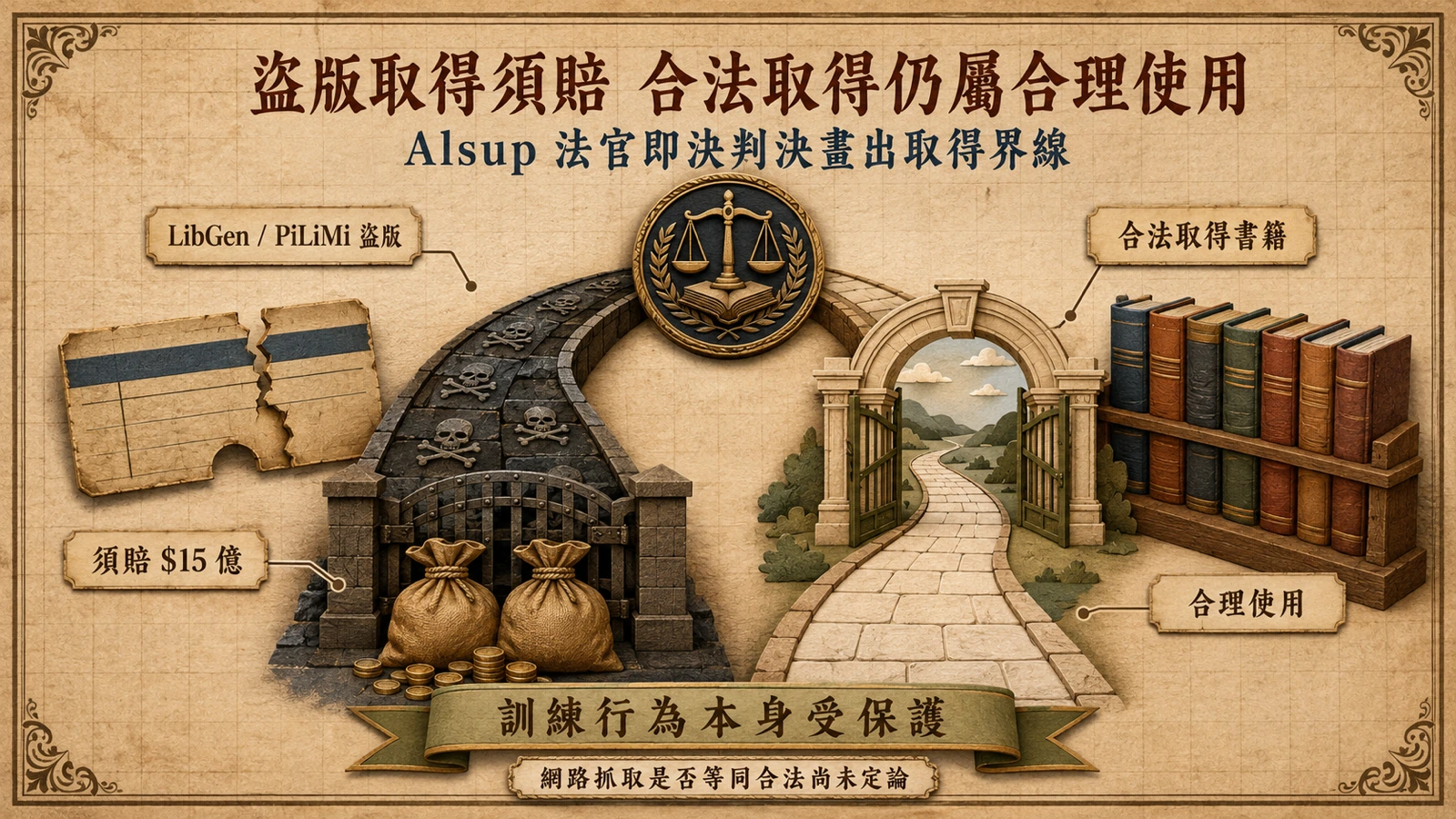 使用盜版書庫可能導致高額賠償，合法取得的訓練資料則面臨不同的法律評價。