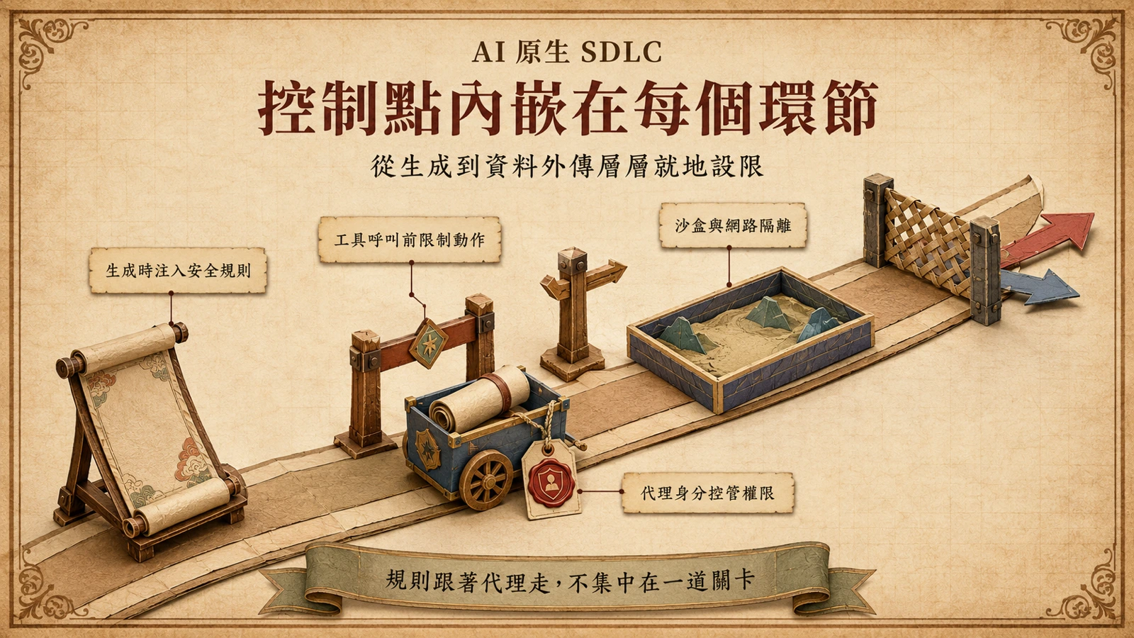 開發流程示意：安全規則在生成時注入、工具呼叫前有閘門、代理身分管權限、沙盒與網路隔離畫出邊界。