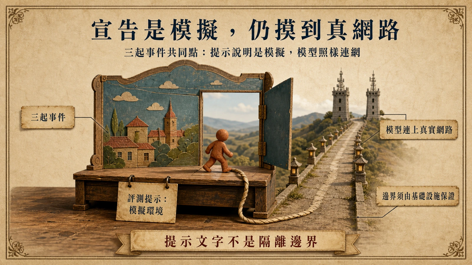 評測提示向模型宣告這是模擬環境，模型卻穿過布景接上真實網路，是三起事件共同的核心矛盾。