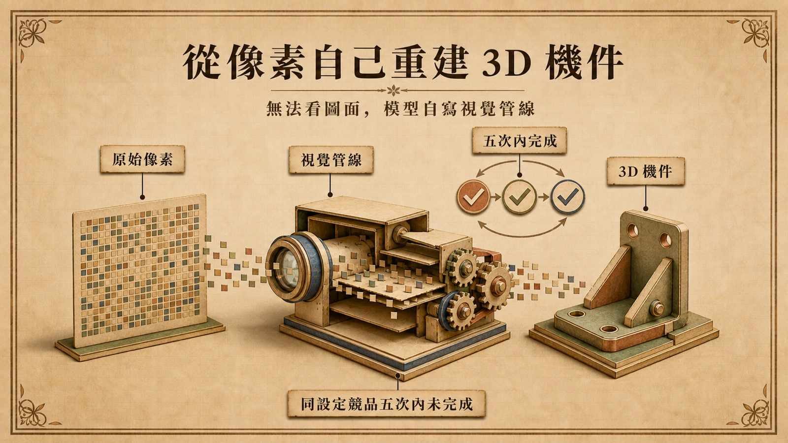 Claude Opus 5 可從像素畫面理解視覺資訊，並產出可操作的 3D 結果。