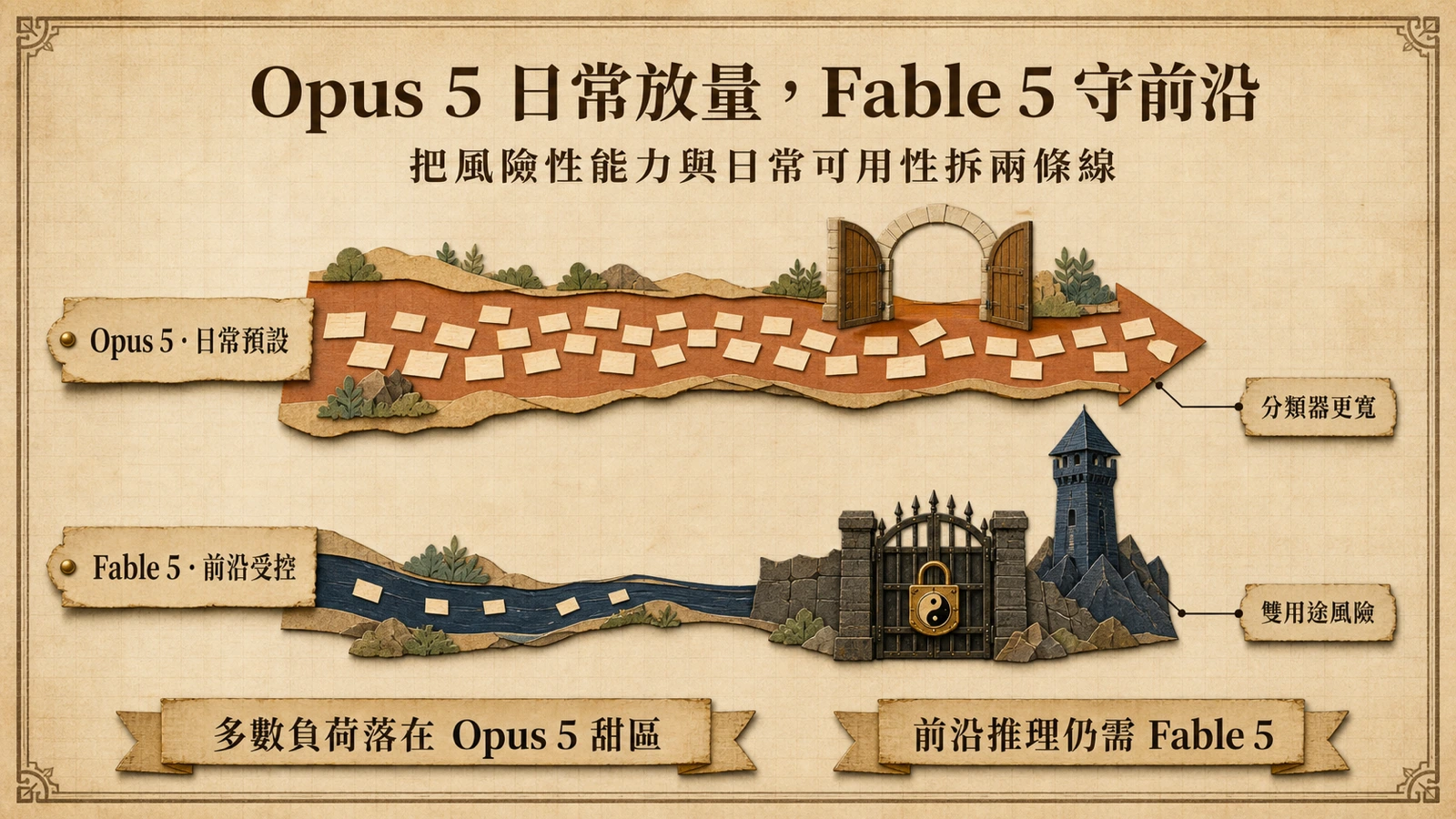 Opus 5 面向一般任務開放使用，Fable 5 則限制在受控的前沿研究環境。