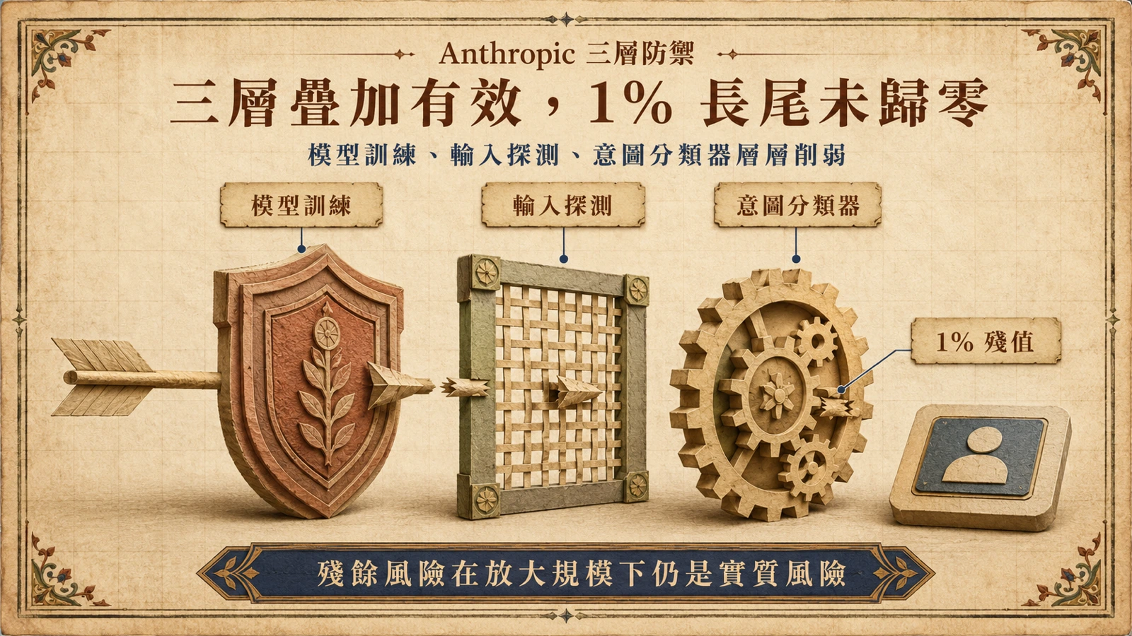 三層防禦把多數提示注入削弱殆盡，但官方數字顯示仍有一條約 1% 的長尾沒有歸零。