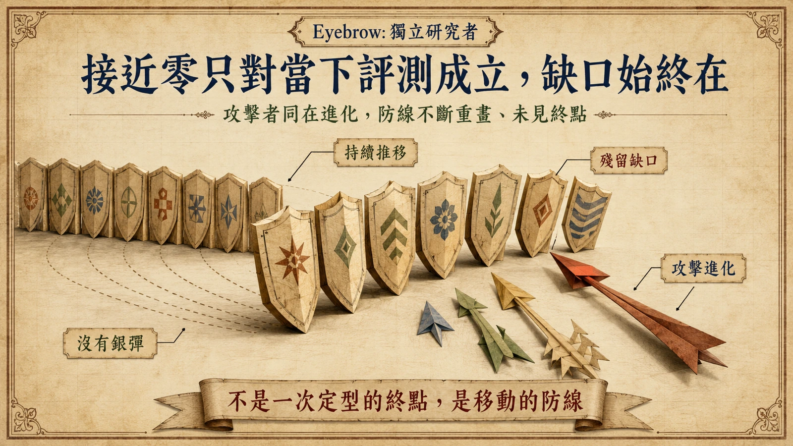 防線隨攻擊演進而不斷重畫，「接近零」只對當下的評測集合成立，缺口始終存在。