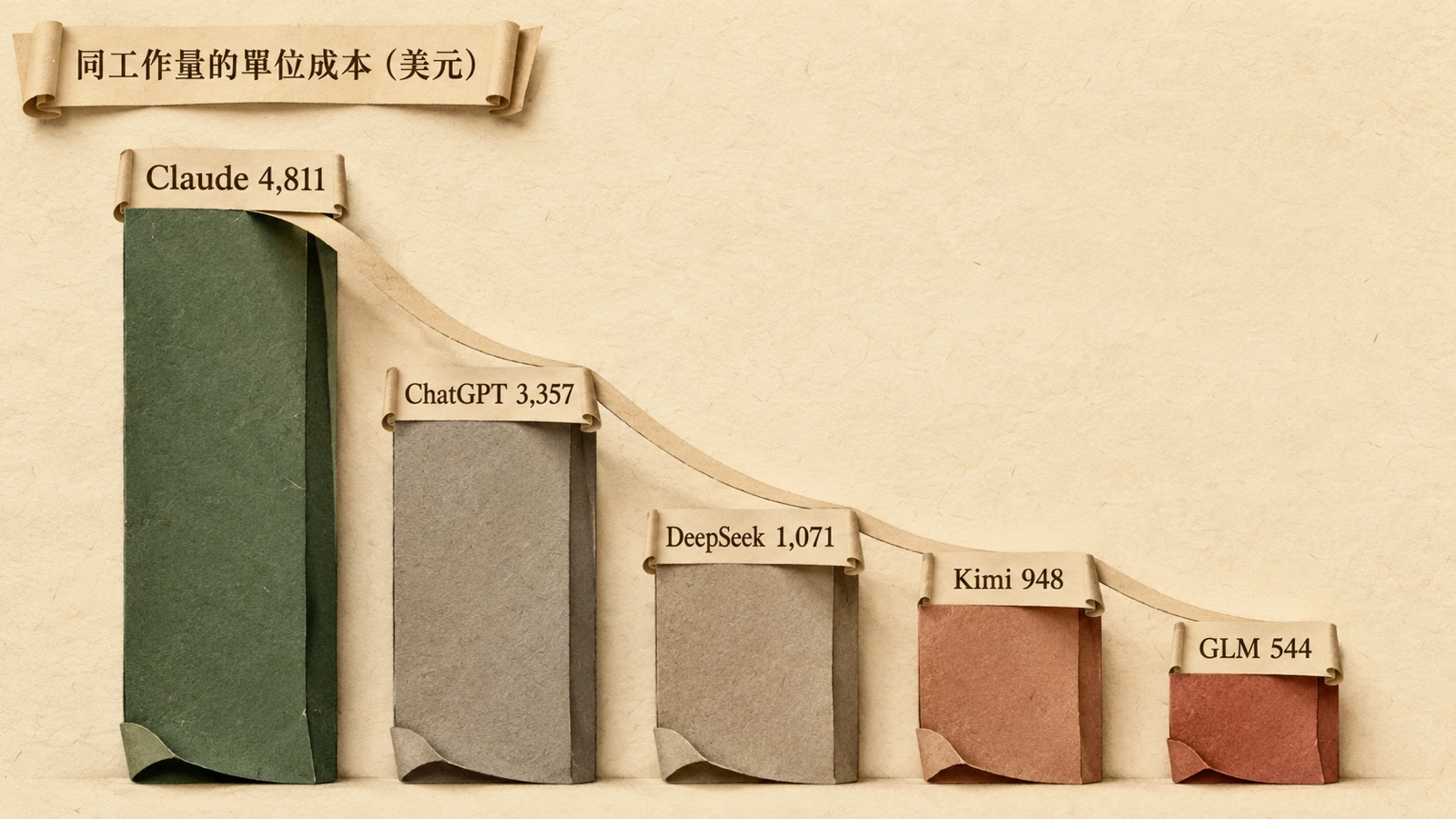 同樣工作量下，Claude 的單位成本約為最便宜中國模型的 9 倍，前沿模型的定價差距正在拉開。