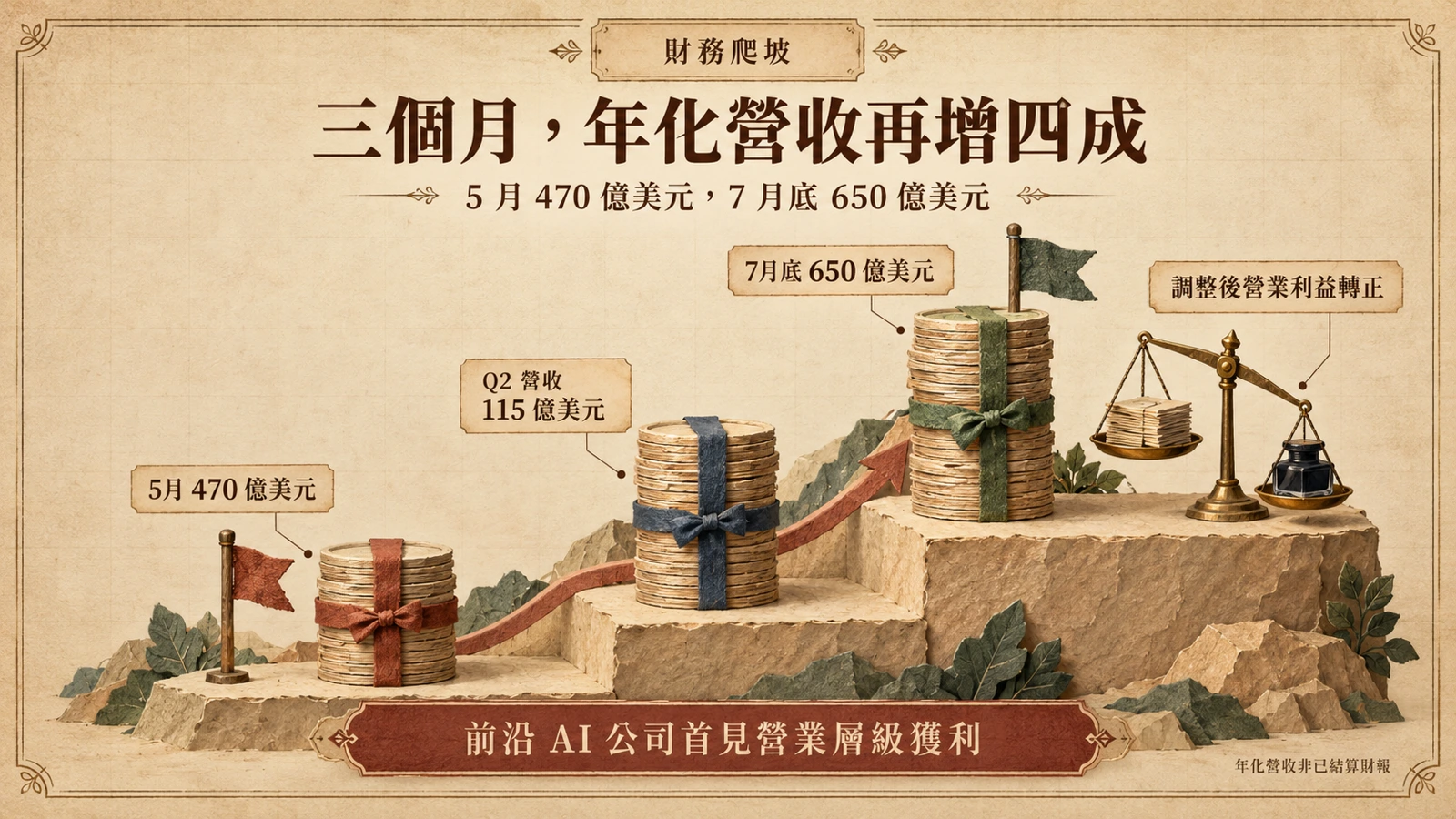示意圖呈現 Anthropic 的營收爬坡：5 月年化營收 470 億美元，7 月底升至 650 億美元，第二季營收 115 億美元且調整後營業利益轉正。