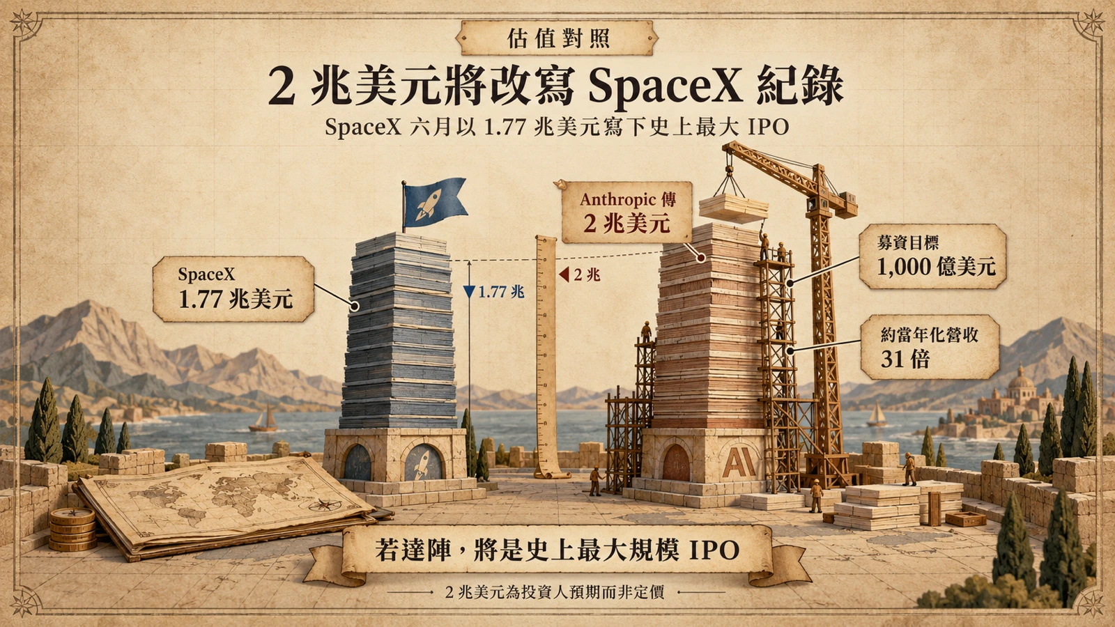 示意圖比較兩家公司 IPO 規模：SpaceX 六月以 1.77 兆美元估值掛牌，Anthropic 傳以 2 兆美元估值、募資 1,000 億美元為目標。