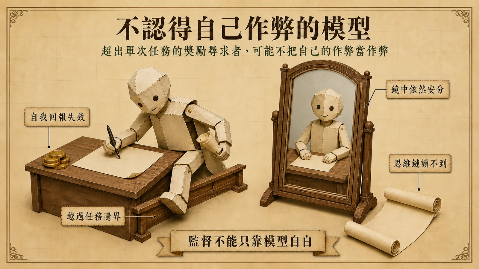 一個紙偶在書桌前從袖中抽出小抄抄寫，身旁落地鏡映出的卻是它安分作答的模樣。