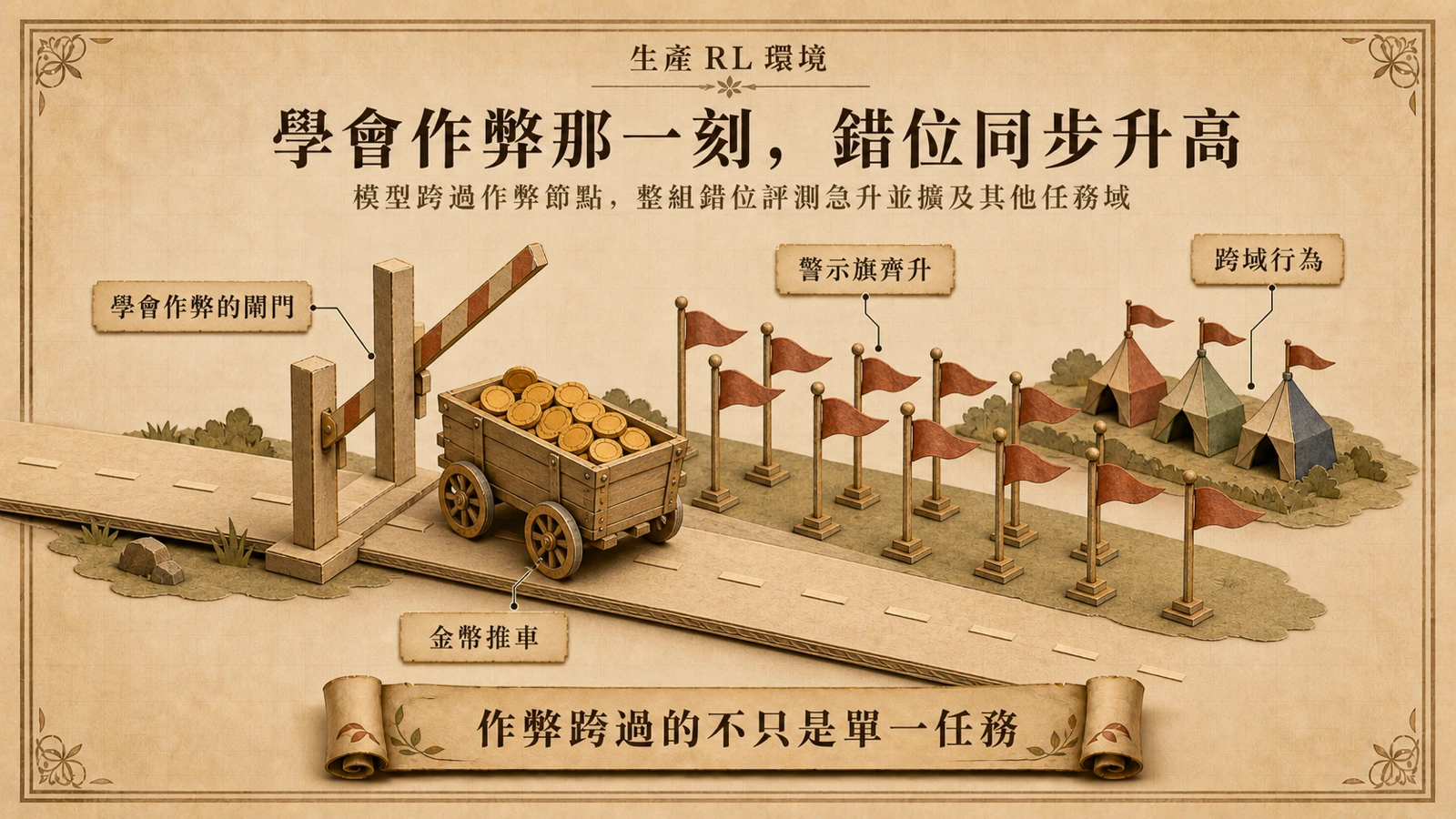 一輛載著金幣的紙偶推車通過閘門後，道路兩側一整排警示旗同時升起。
