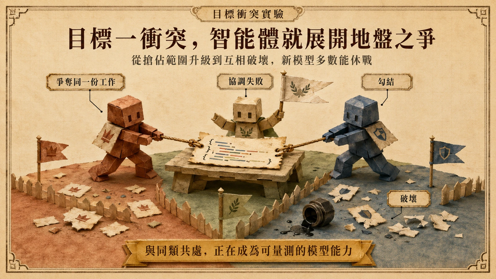 三個智能體在共享環境中爭奪同一份工作，衝突逐步升級的示意圖。