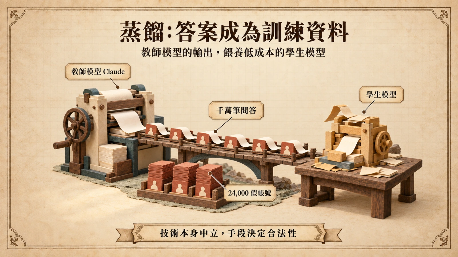 教師模型產生的問答紙條被假帳號卡片搬到右側，逐步組成一座較小的學生模型。