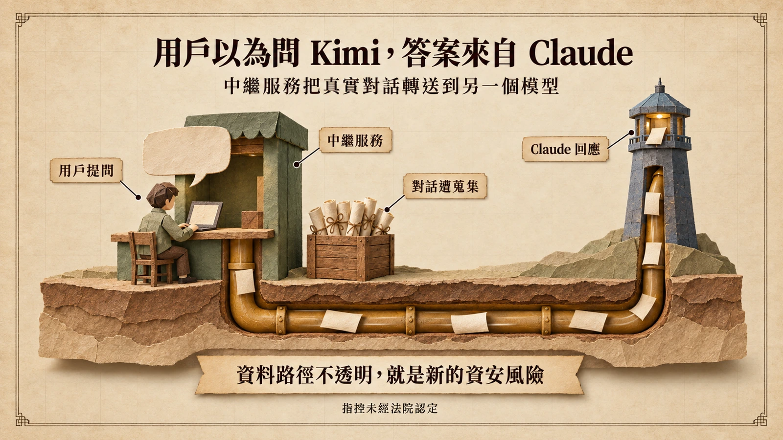 用戶在中繼服務攤位提問，管線卻把請求送到遠方的高塔，對話紀錄同時被蒐集成箱。