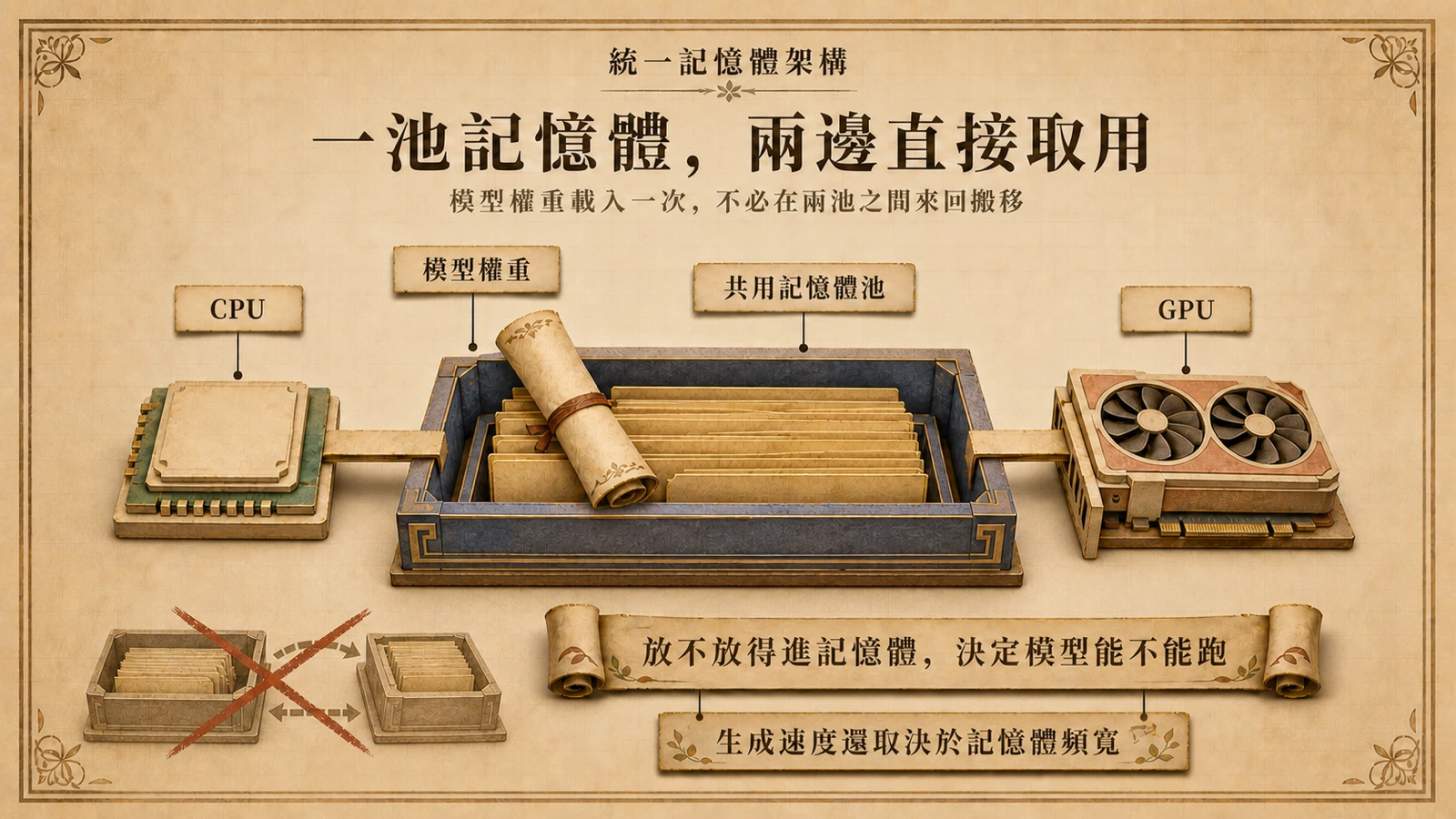 統一記憶體架構：CPU 與 GPU 共用同一池記憶體，模型權重載入一次就能被 GPU 直接讀取