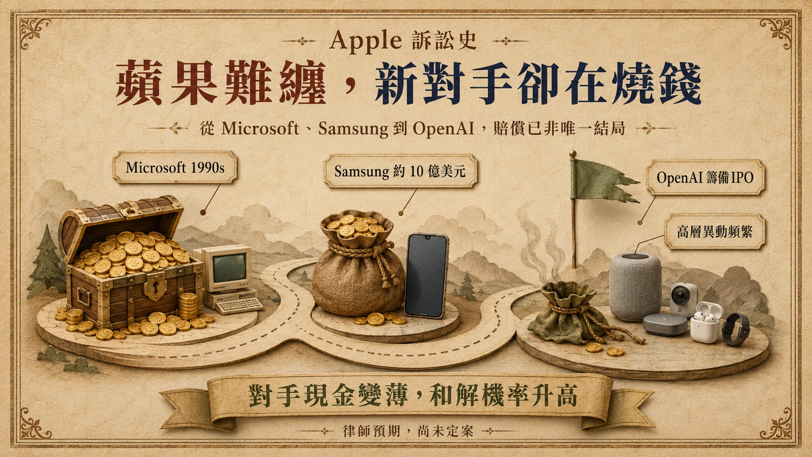 Apple 的訴訟對手從現金充裕的桌面與手機巨頭，轉為同時開發多款硬體、資金快速消耗的 AI 新創。