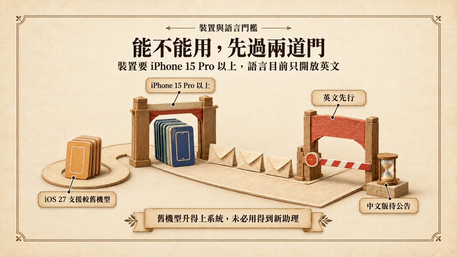 兩道關卡示意：裝置門檻在 iPhone 15 Pro 以上，語言門檻目前只開放英文，中文版仍在等待