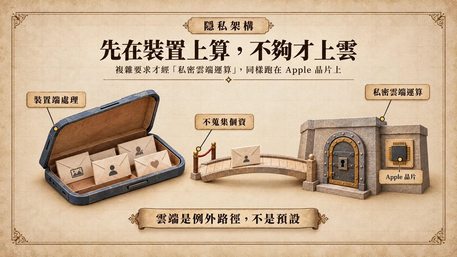 隱私分層處理示意：簡單要求在裝置端完成，複雜要求才經私密雲端運算送到 Apple 晶片上的伺服器模型