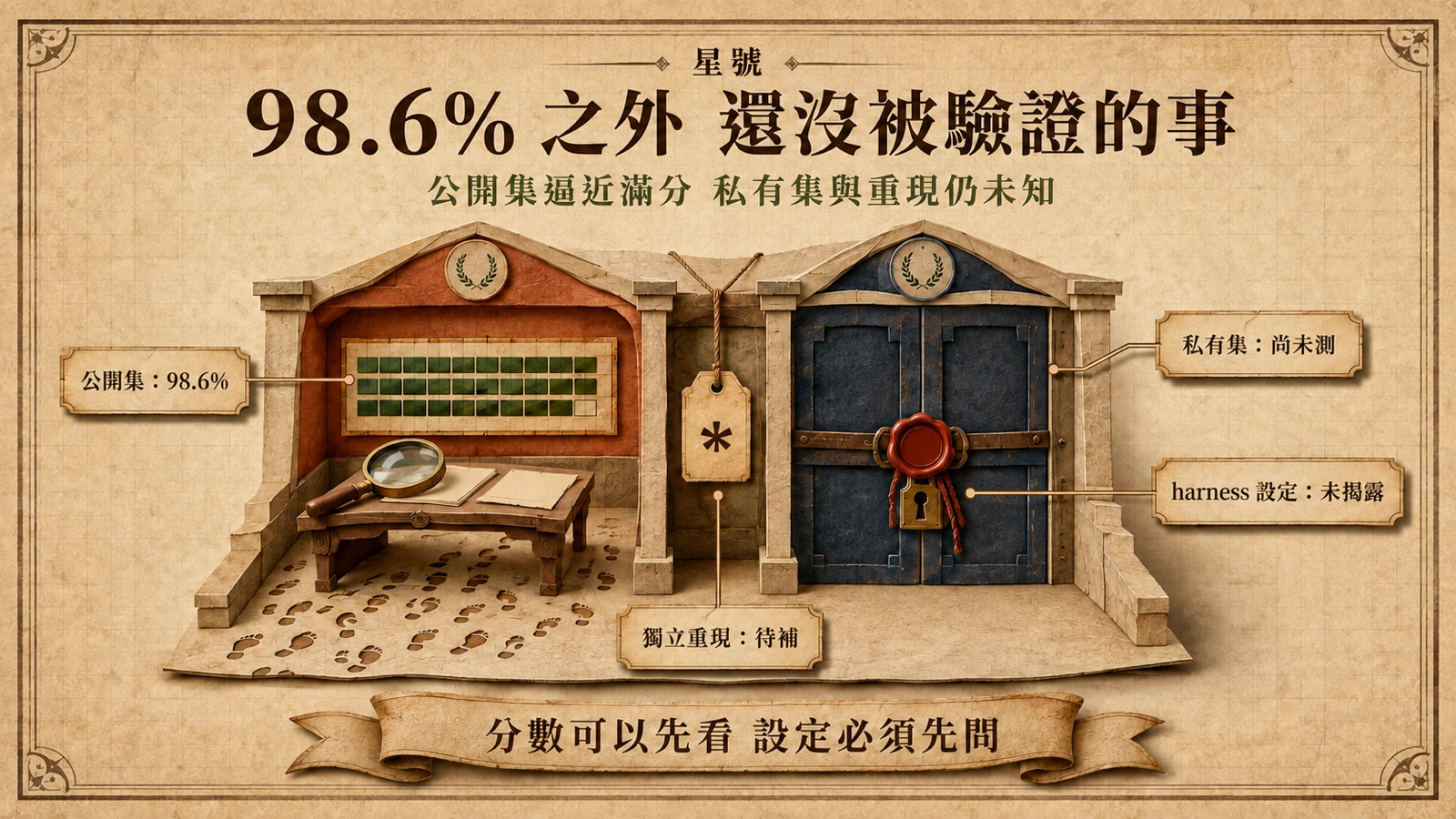 一座分成公開集與私有集兩室的測驗所,公開集那側計分板接近滿分、地上滿是研究足跡,私有集那側大門上鎖、計分板空白,門邊掛著一張帶星號的告示卡。