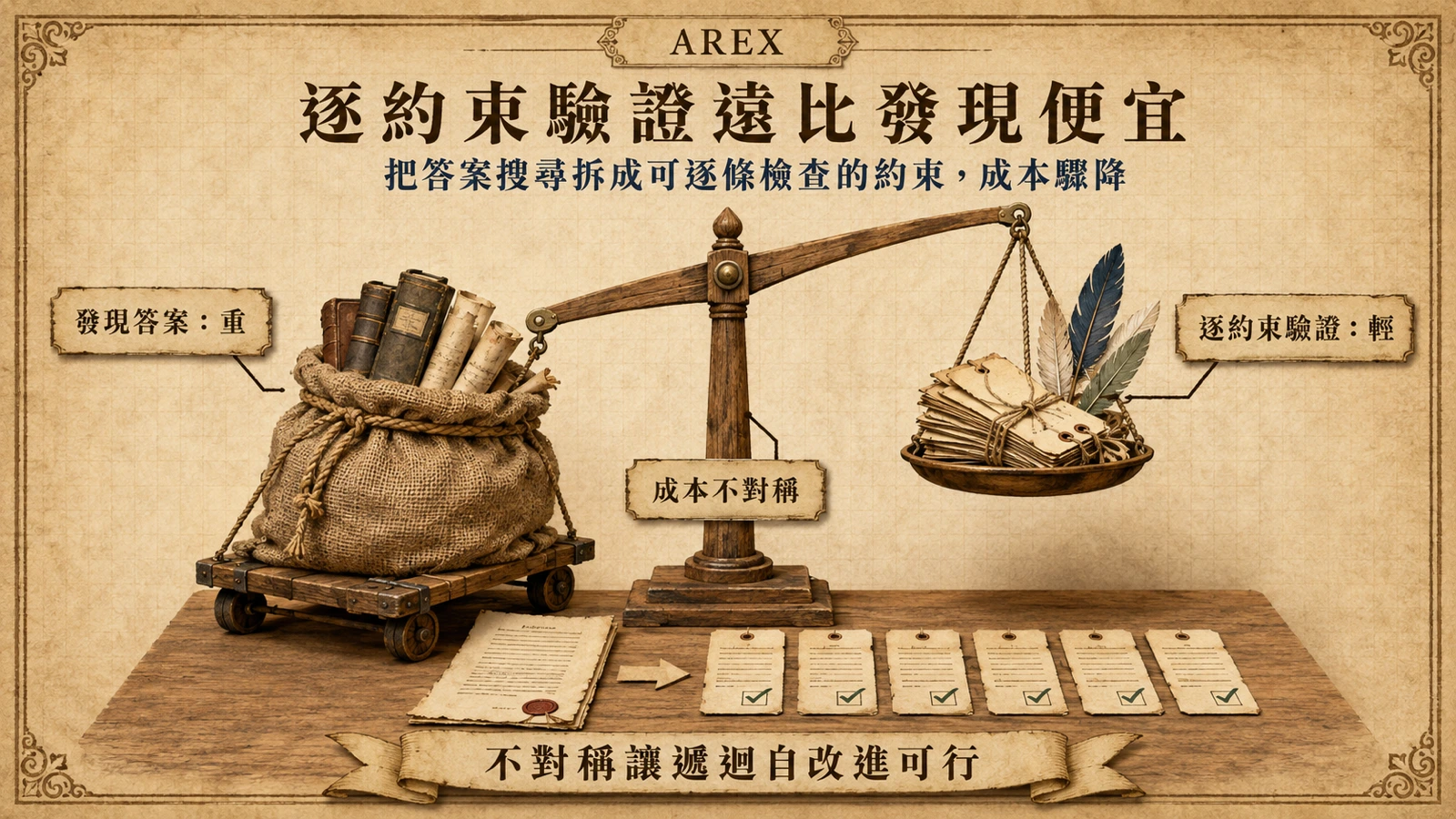 尋找完整答案成本高，逐條驗證候選答案的約束成本較低，形成遞迴自改進的基礎。