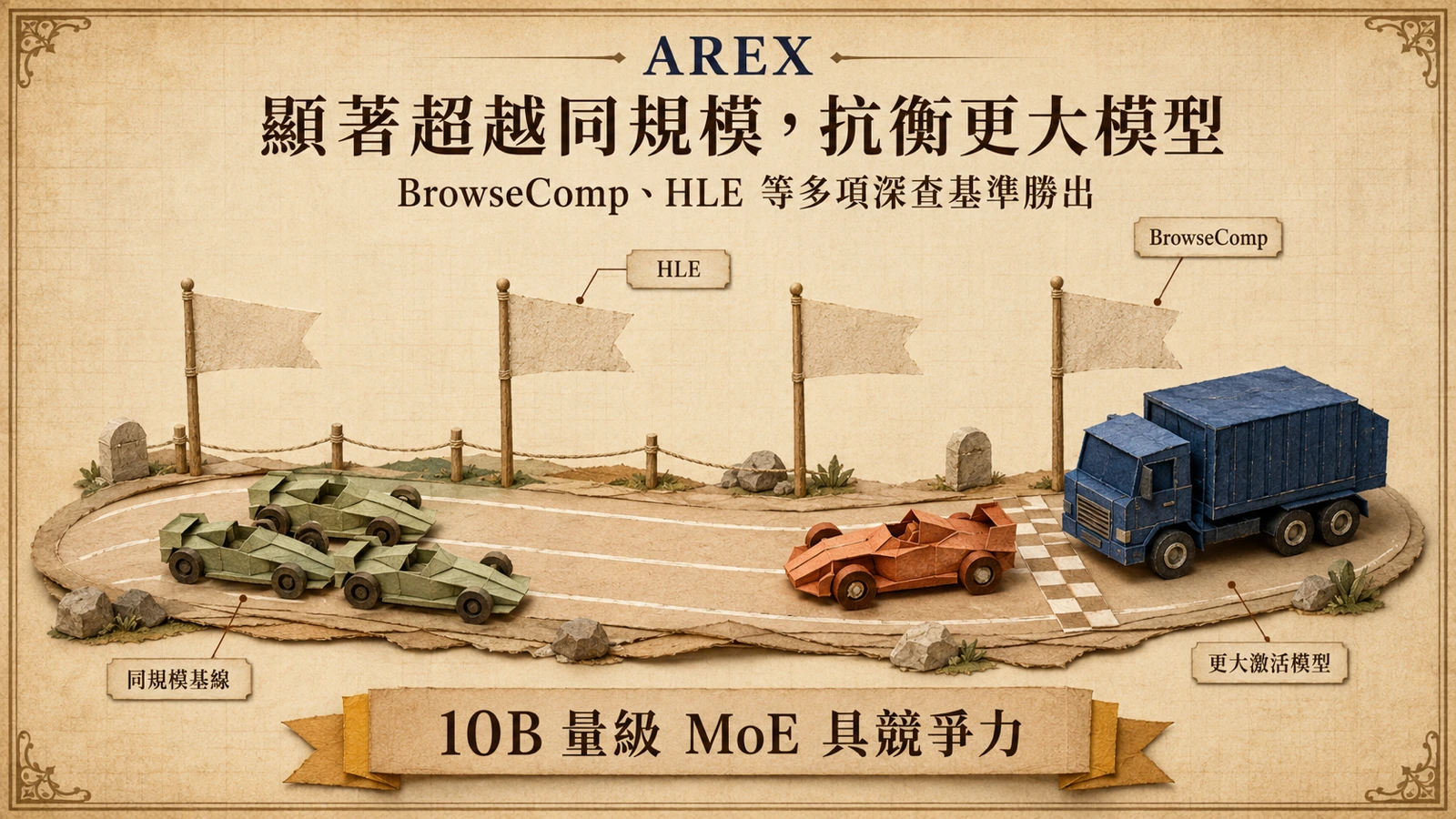 AREX 在多項深度研究基準上超越同規模模型，並接近使用更多激活參數的大型模型。