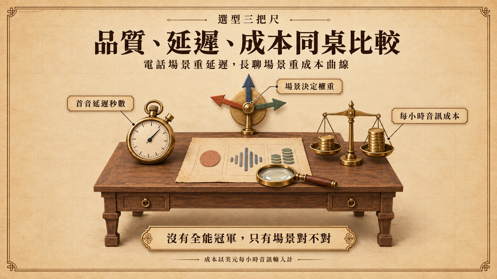 品質總分、首音延遲與每小時音訊成本放在同一張表上,按場景決定哪一把尺最重要。