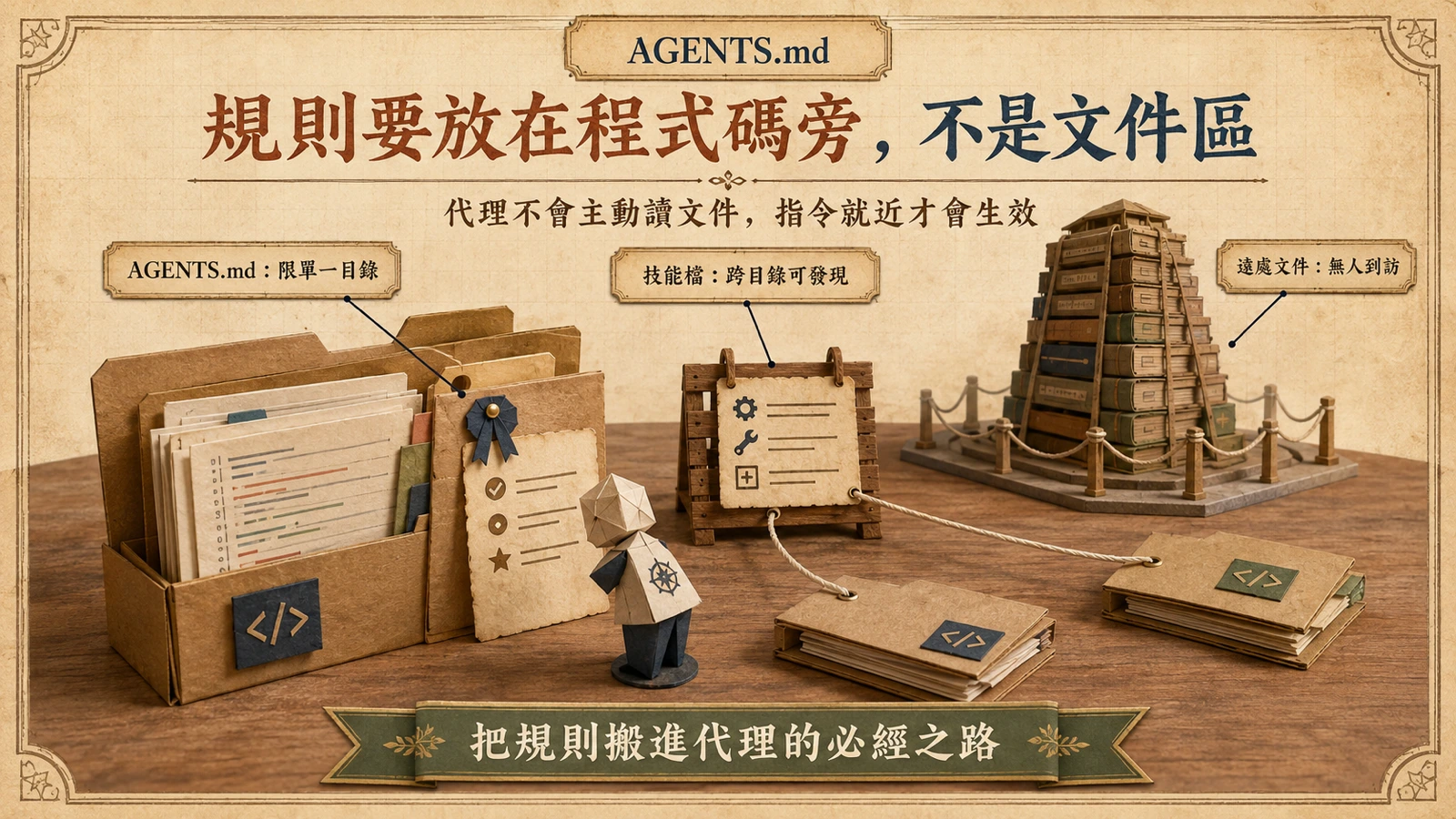規則放在程式碼旁才會被代理讀到：AGENTS.md 就目錄生效、技能檔跨目錄可發現，遠處的文件區則無人問津。