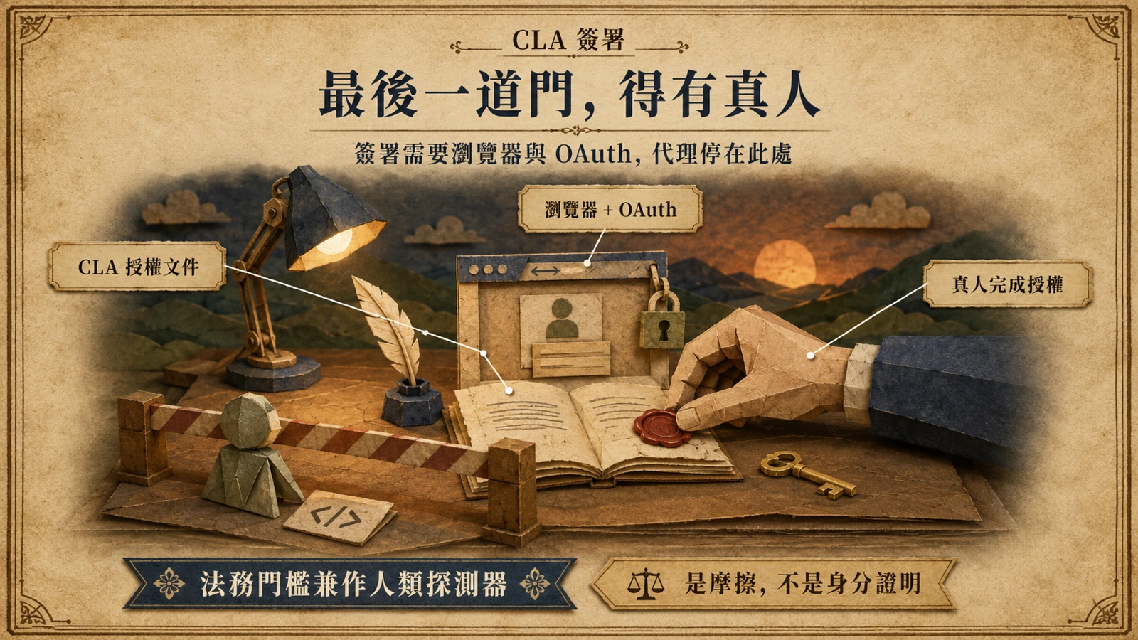 CLA 簽署需要瀏覽器與 OAuth 流程，代理停在門前，由真人完成授權，法務門檻因此兼作人類探測器。