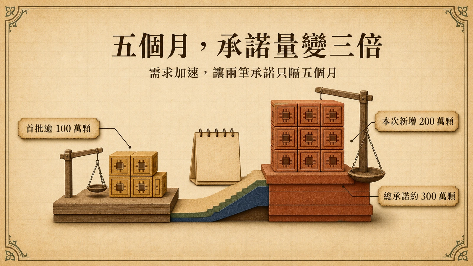 兩座貨運平台上的晶片堆疊，左側標示首批逾 100 萬顆、右側標示新增 200 萬顆，總承諾約 300 萬顆