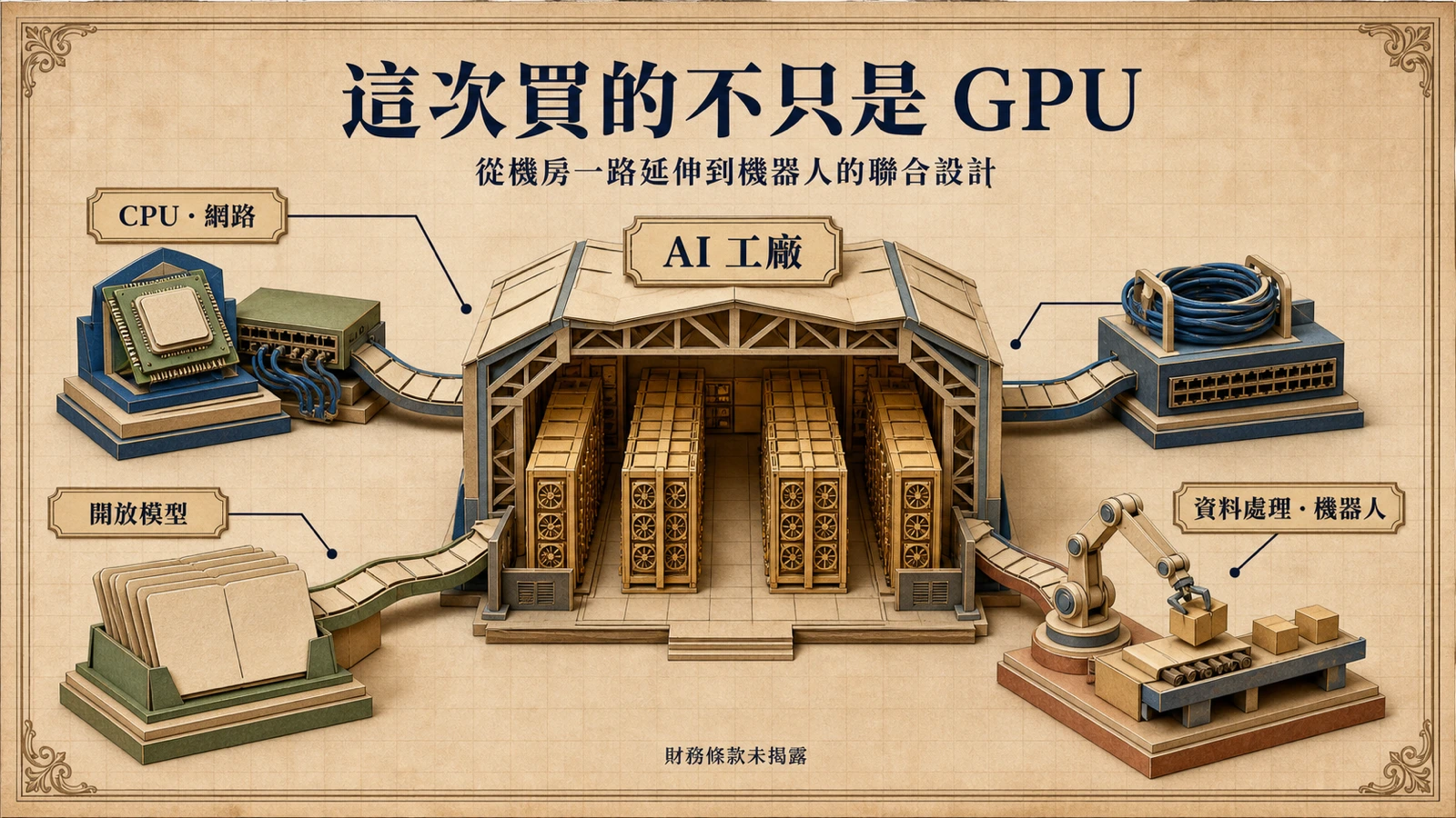 一座資料中心機房與周邊的 CPU、網路、開放模型、資料處理與機器人工作站相連，呈現超越晶片採購的合作範圍