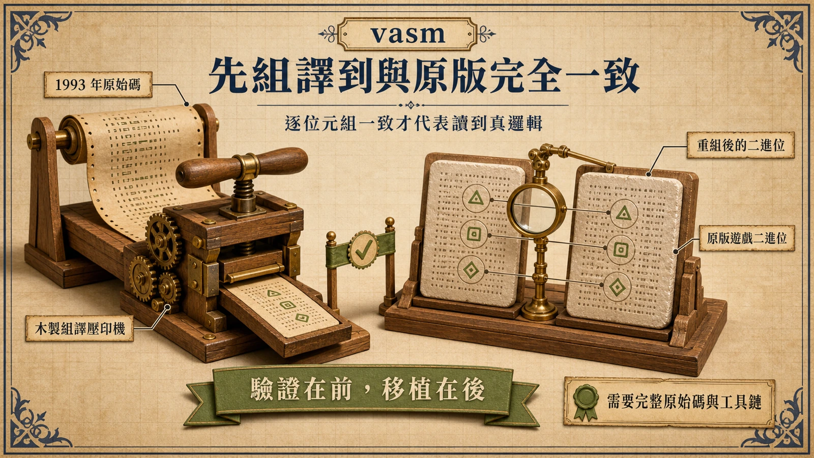 模型先用 vasm 重新組譯 1993 年的組語原始碼，直到輸出與原版遊戲的二進位逐位元組一致，之後才展開移植。
