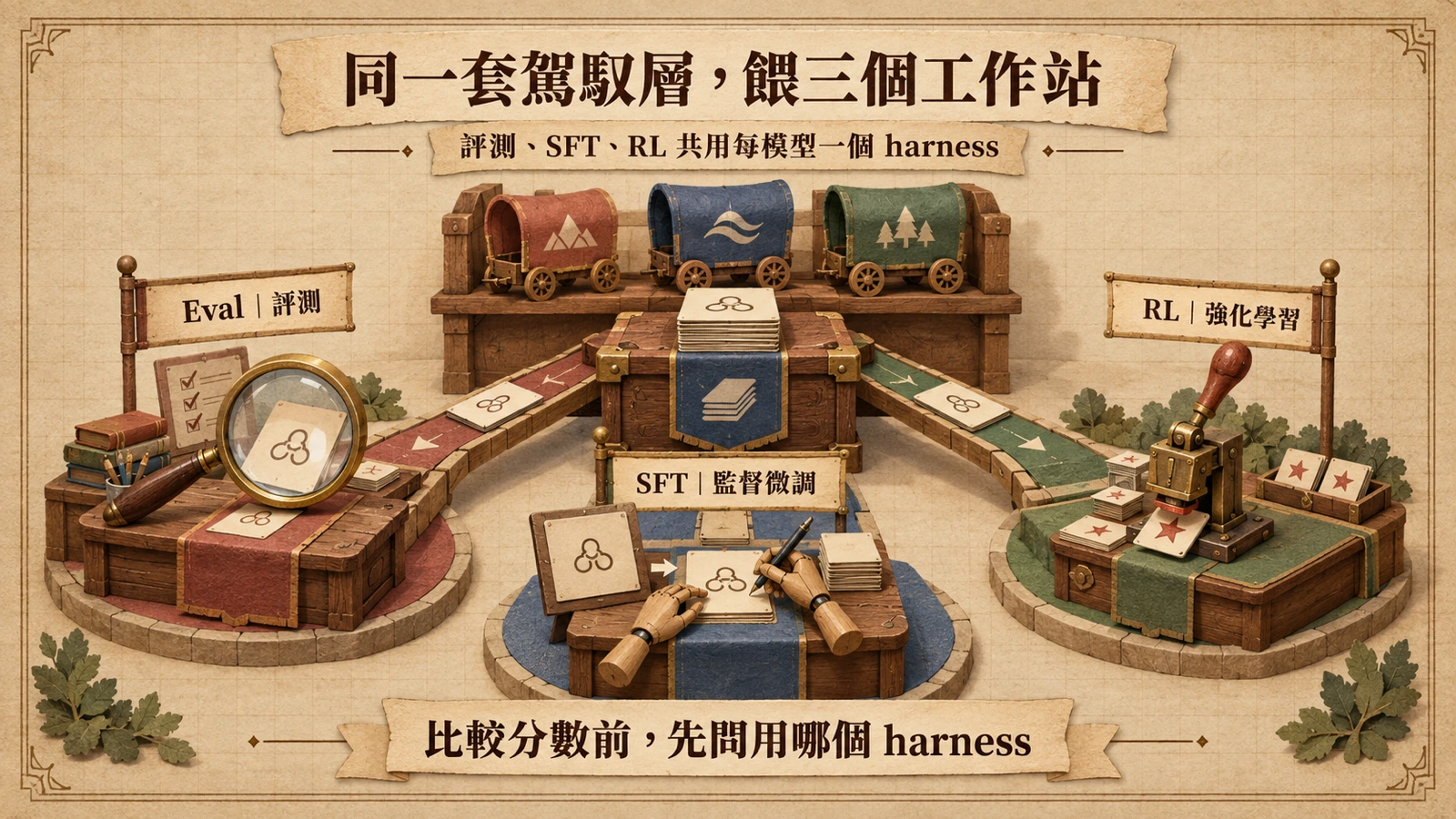 一張中央調度桌把同一疊操作卡分送往三個工作站：持放大鏡的檢查桌、示範抄寫的臨摹桌與蓋星形印章的嘗試桌。
