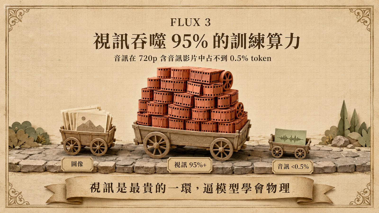 影片生成的運算負載最高，影像次之，音訊最低，三種模態的資源需求差距明顯。