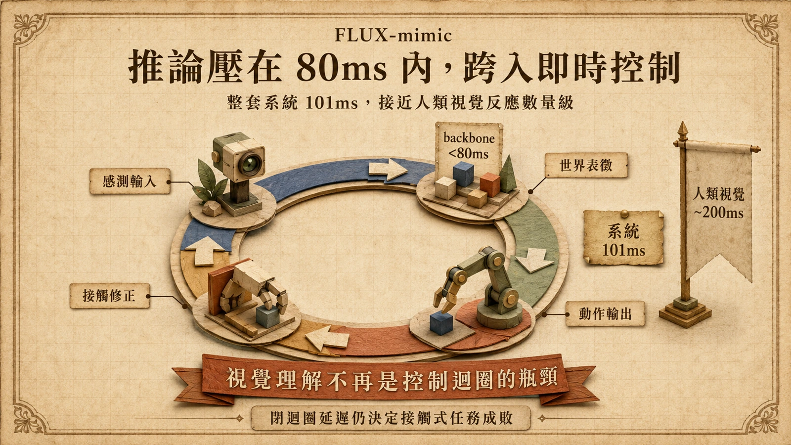 感知、世界表徵、動作與接觸修正形成閉環控制，世界模型延遲需低於人類視覺反應尺度。